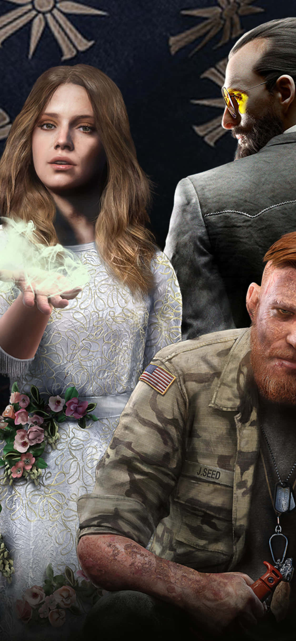 iPhone Xs Far Cry 5 桌布 壁紙 — 一位身穿白色連衣裙的女性手持發光的薄霧，旁邊站著一名士兵和一名戴太陽眼鏡的男子，背景為深色圖案。