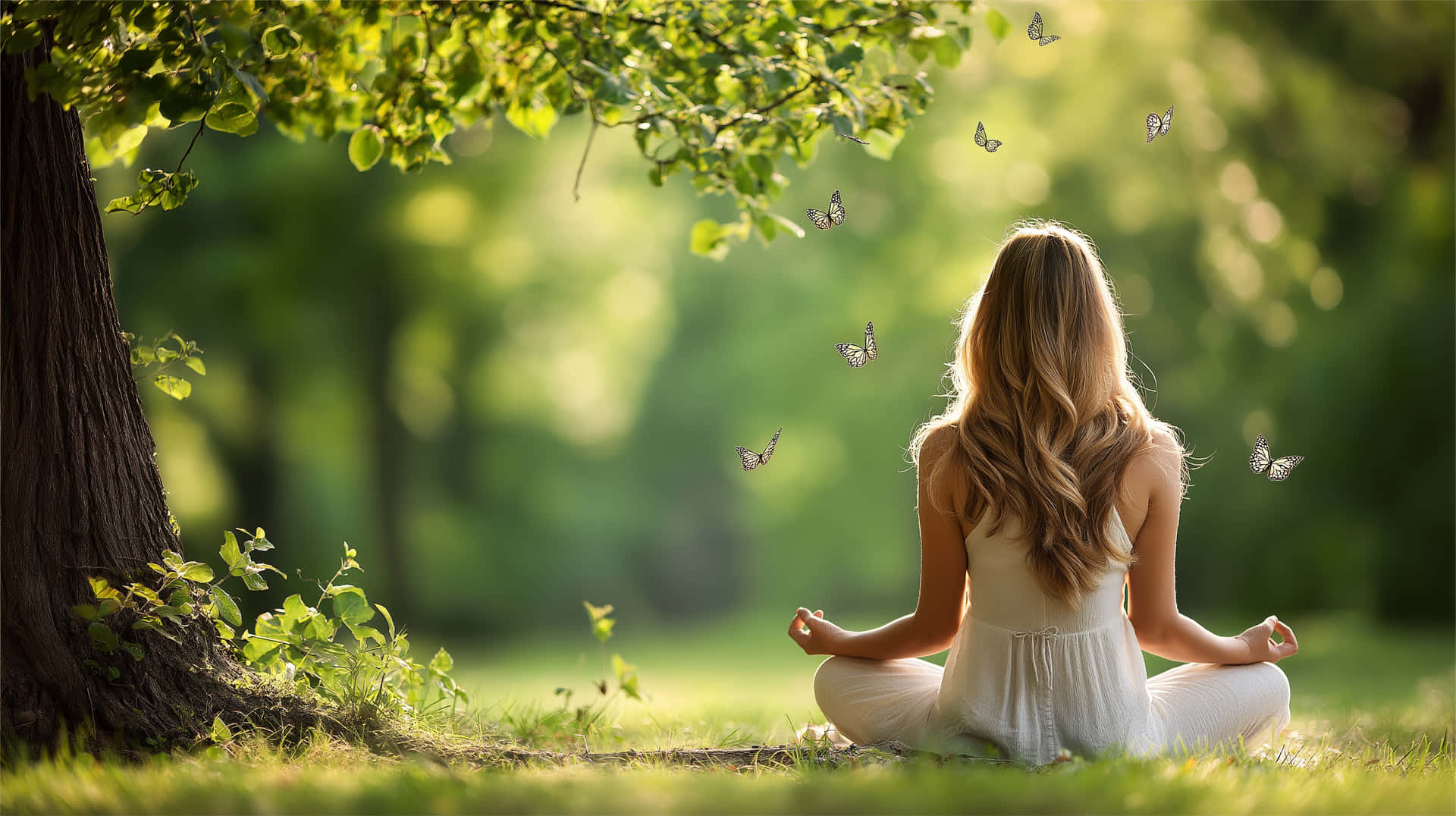 Woman Meditating in Nature Surrounded by Butterflies at Sunset 壁紙 — 一位身穿白色連衣裙的女性盤腿坐在枝葉茂密的樹下，蝴蝶在陽光明媚的森林中圍繞她飛舞。