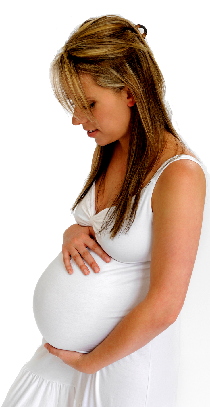 Pregnant 桌布 壁紙 — 一位身穿白色連衣裙的孕婦，在純黑色背景下輕輕地抱著肚子。