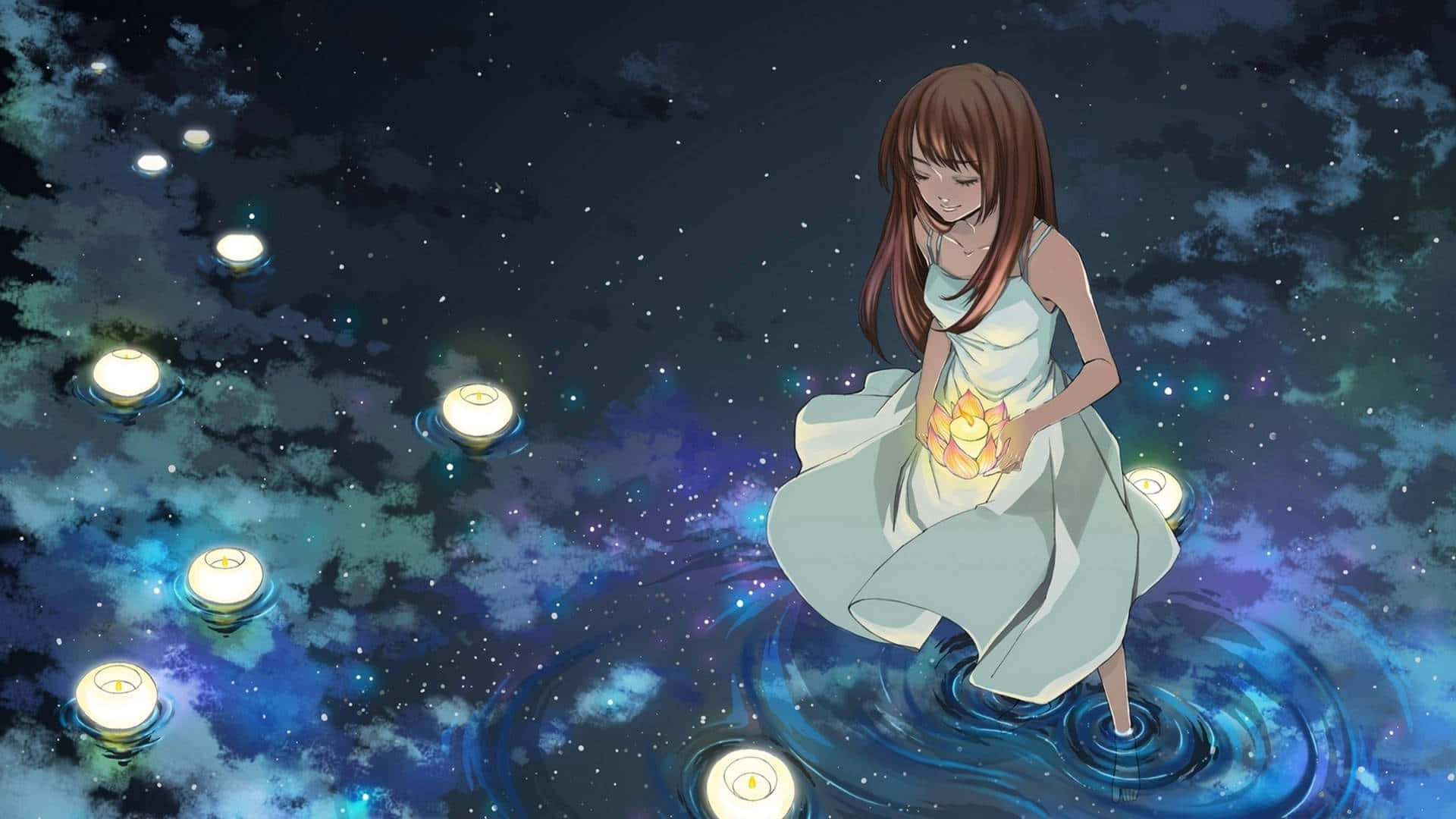 Erased 桌布 壁紙 — 一位身穿白色連衣裙的寧靜動漫女孩，在星空下被漂浮的蠟燭環繞的宇宙水域中，手持發光的燈籠。