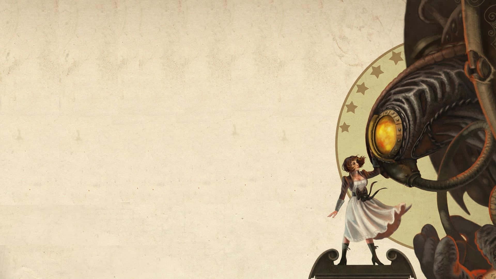 Best Bioshock Infinite 桌布 壁紙 — 一位身穿白色連衣裙的年輕女子站在一個帶有發光橙色眼睛的巨型機械臂旁邊，背景是帶紋理的米色。