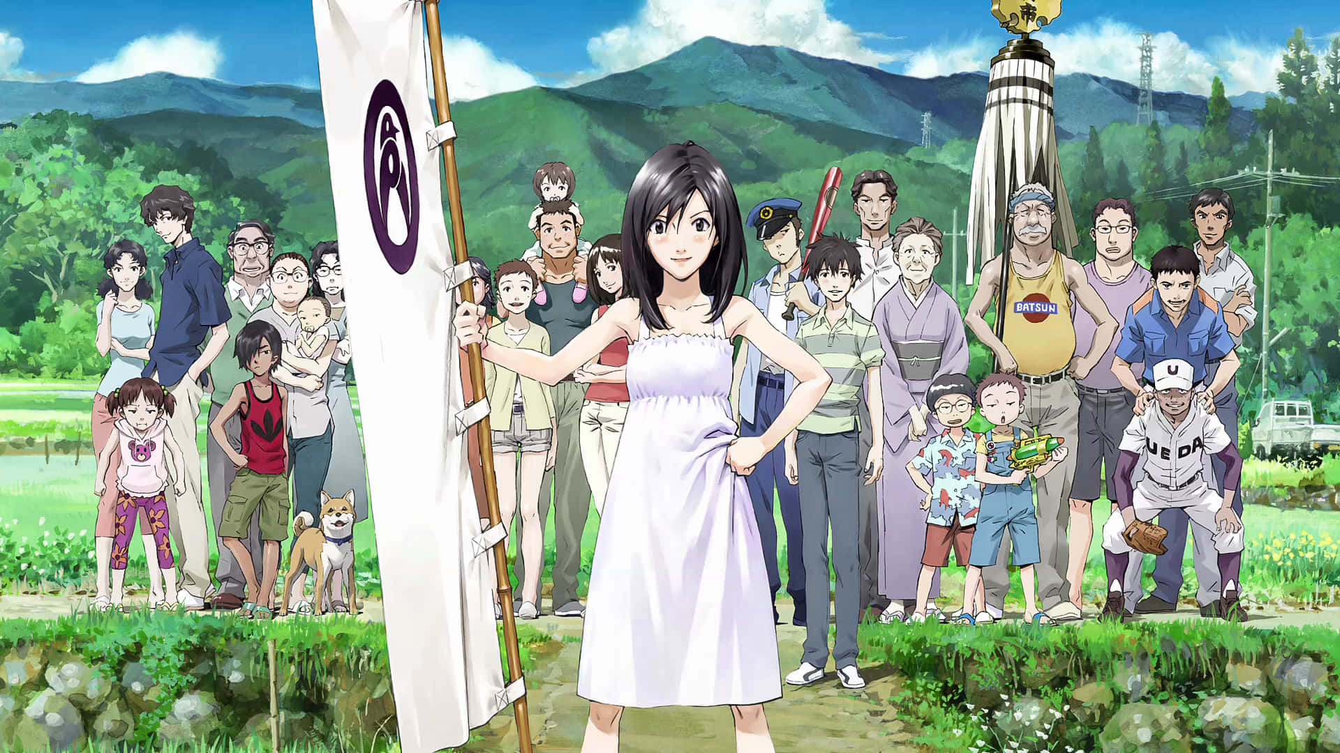 Summer Wars 桌布 壁紙 — 一位身穿白色連衣裙的年輕女子自信地舉著橫幅，身後一群多元化的村民聚集在陽光明媚的鄉村田野中。