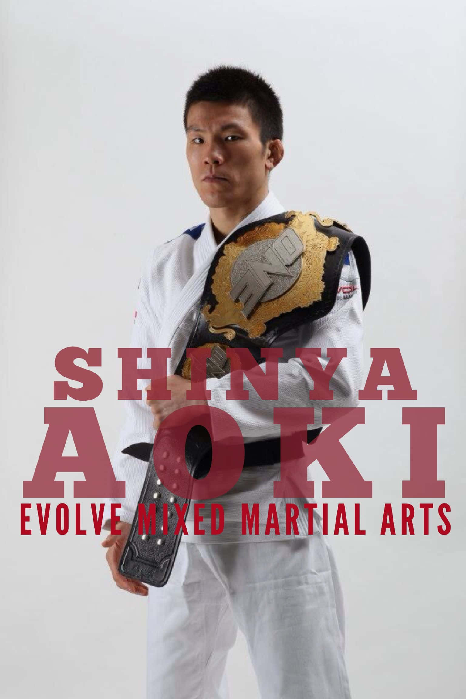martial arts 桌布 壁紙 — 一位身穿白色道服的武術家，在純白色背景上以粗體紅色文字疊加，手持冠軍腰帶。