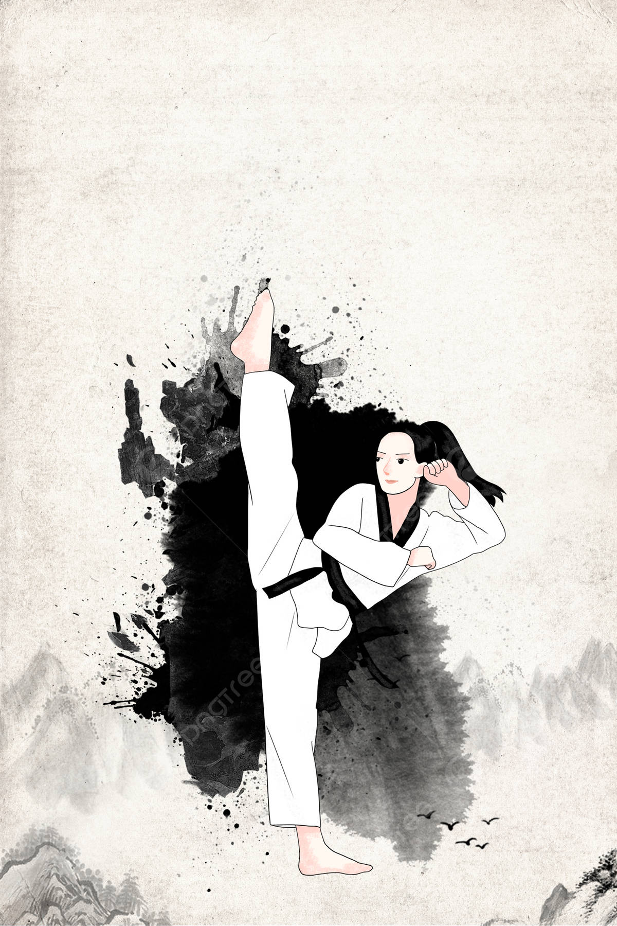 運動 桌布 壁紙 — 一位身穿白色道服的武術家，在黑色墨跡飛濺的背景襯托下，配合遠山和飛鳥，施展高踢腿動作。