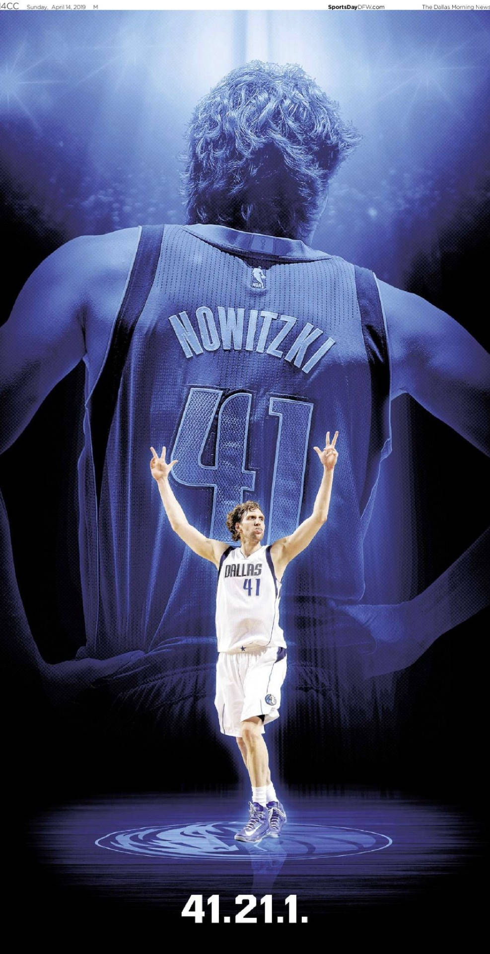 Dirk Nowitzki 桌布 壁紙 — 一位身穿白色達拉斯球衣、背號41的籃球運動員站在發光的球場上，高舉雙臂慶祝勝利，身後有自己巨大的藍色剪影。