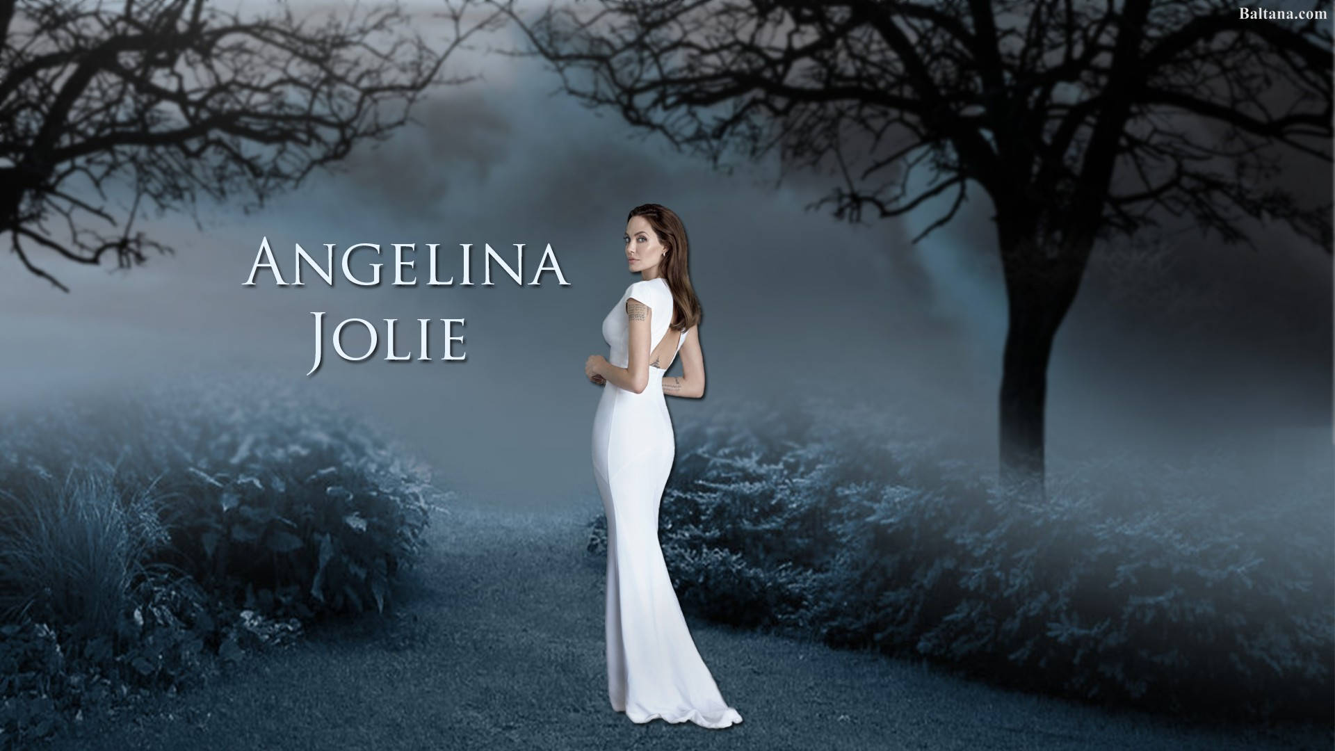 Angelina 桌布 壁紙 — 一位身穿白色長袍的女子獨自站在一條霧氣瀰漫的小徑上，小徑兩旁是光禿禿的樹木，天空陰沉。