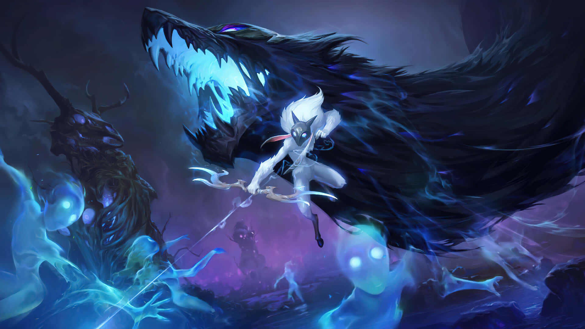 1920x1080 League Of Legends 桌布 壁紙 — 一位身穿白衣、擁有狐狸耳朵的戰士，在神秘的紫色和藍色森林中與一隻巨大的發光藍狼戰鬥。
