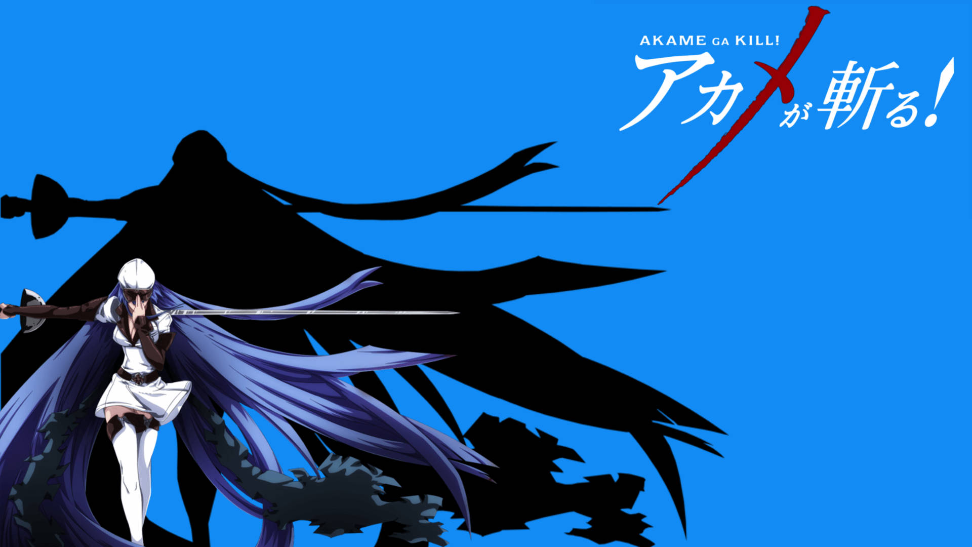 Esdeath 桌布 壁紙 — 一位身穿白衣、紫色頭髮的動漫戰士，在鮮藍色背景下揮舞著劍，背景中有一個逼近的黑色剪影。
