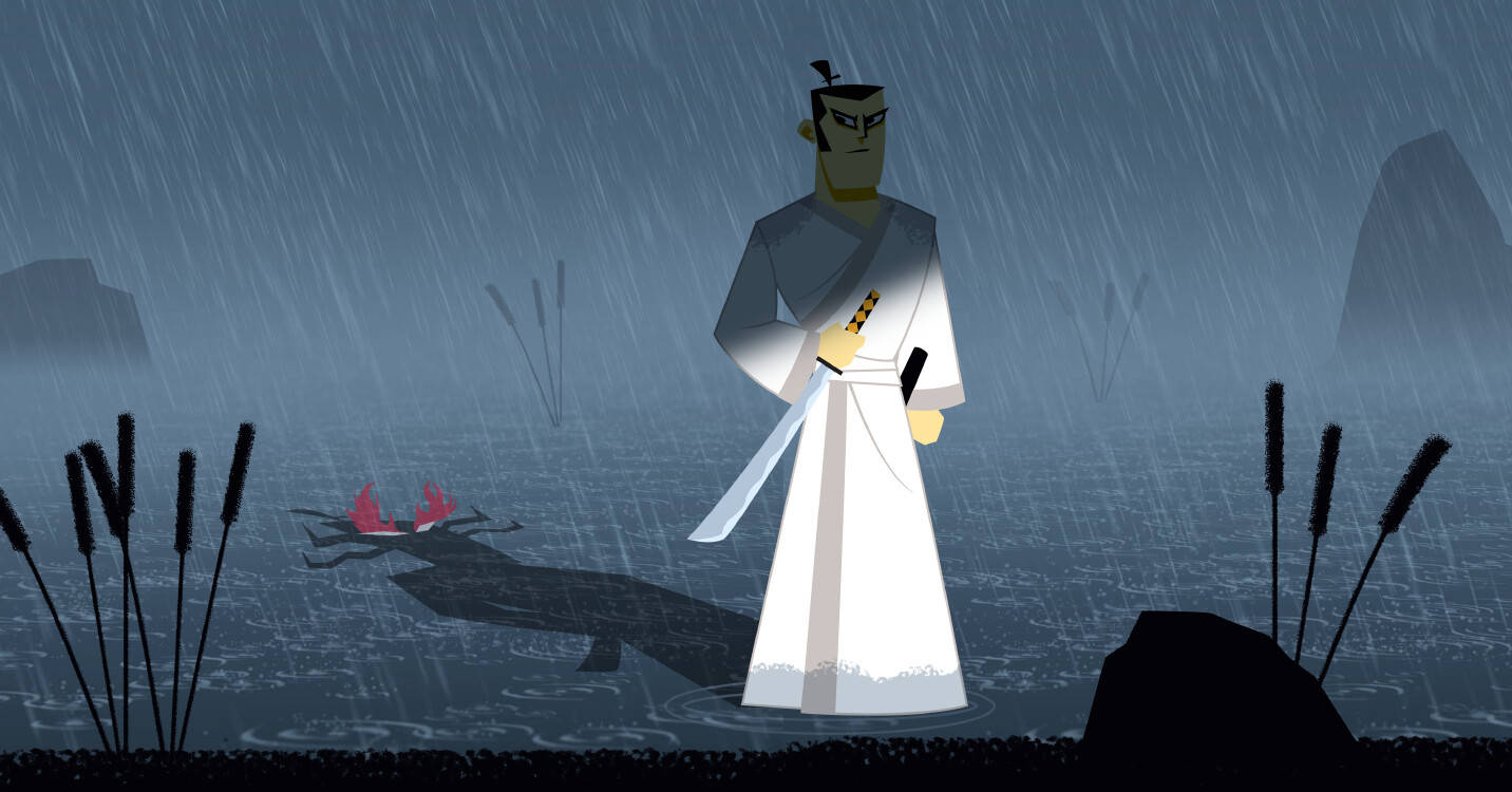 Cartoon 桌布 壁紙 — 一位身穿白衣的孤獨武士在雨中站立，手持劍，旁邊是燃燒的火盆，背景是霧氣瀰漫的山景。