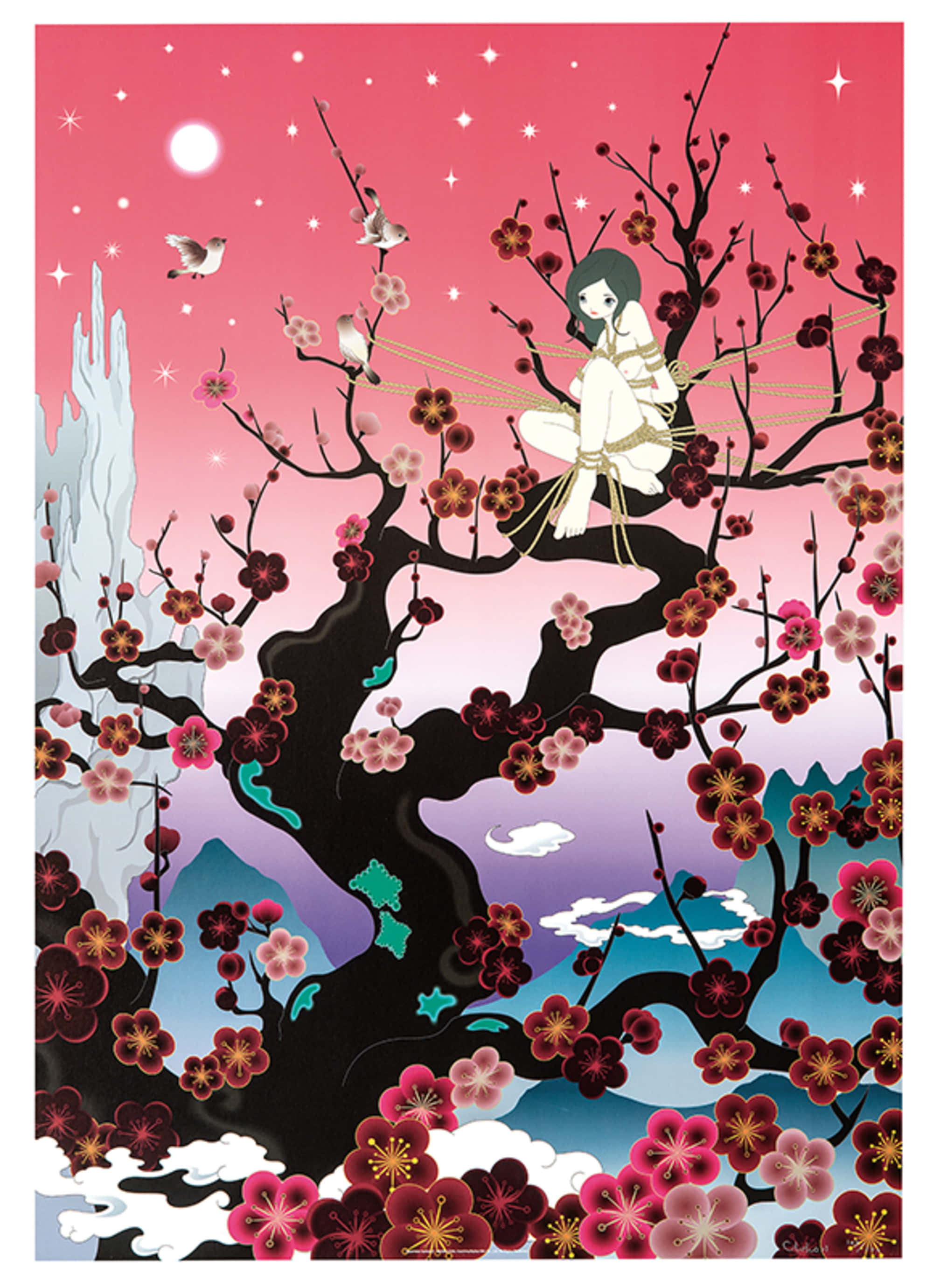 Japanese Pop Art 桌布 壁紙 — 一位身穿白衣的寧靜動漫女孩坐在盛開的櫻花樹上，粉紅色的星空下，附近有鳥兒飛翔。