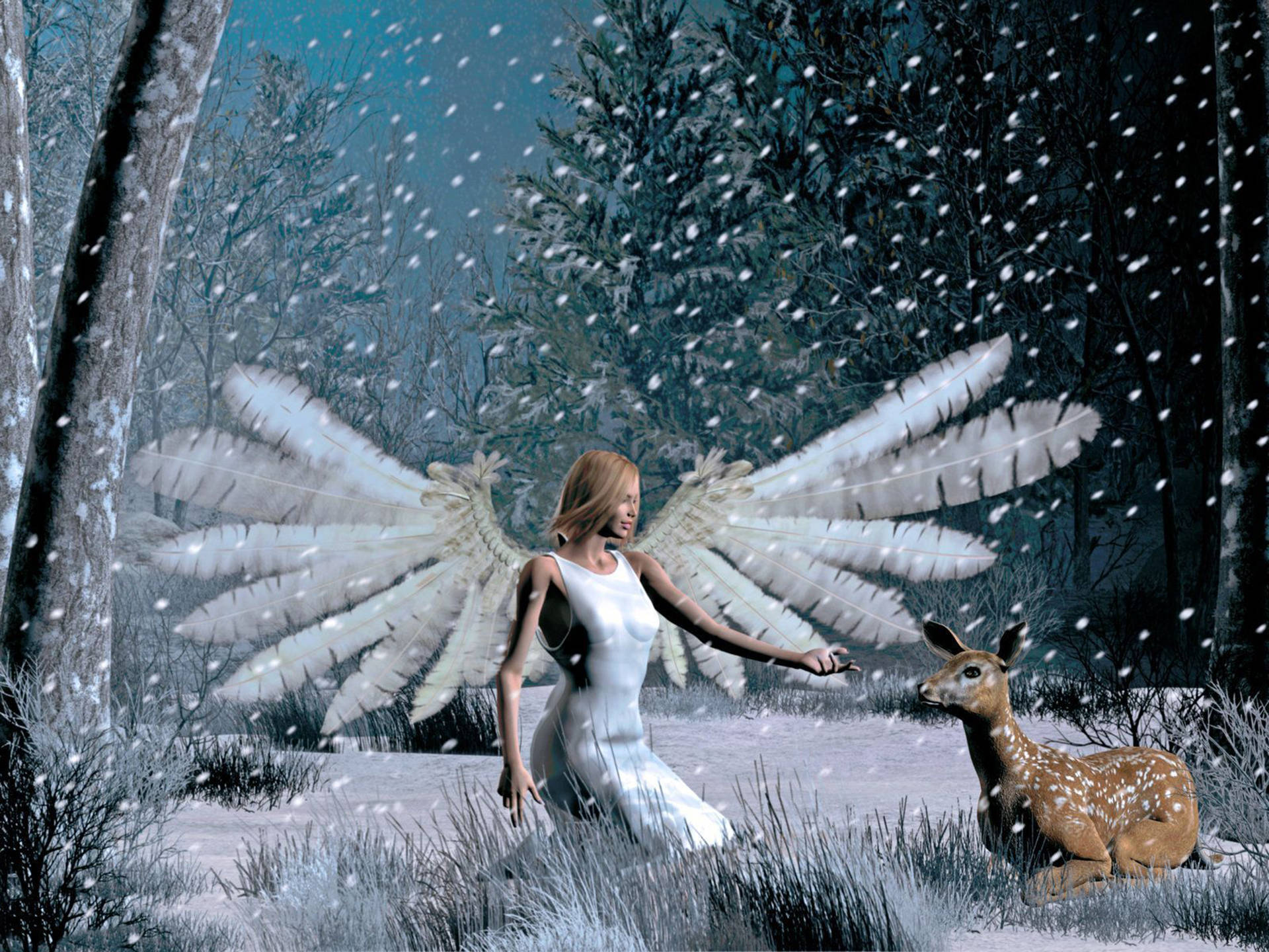 angels 桌布 壁紙 — 一位身穿白衣的有翼女性跪在雪地森林中，輕輕觸摸一隻斑點小鹿，雪花飄落。