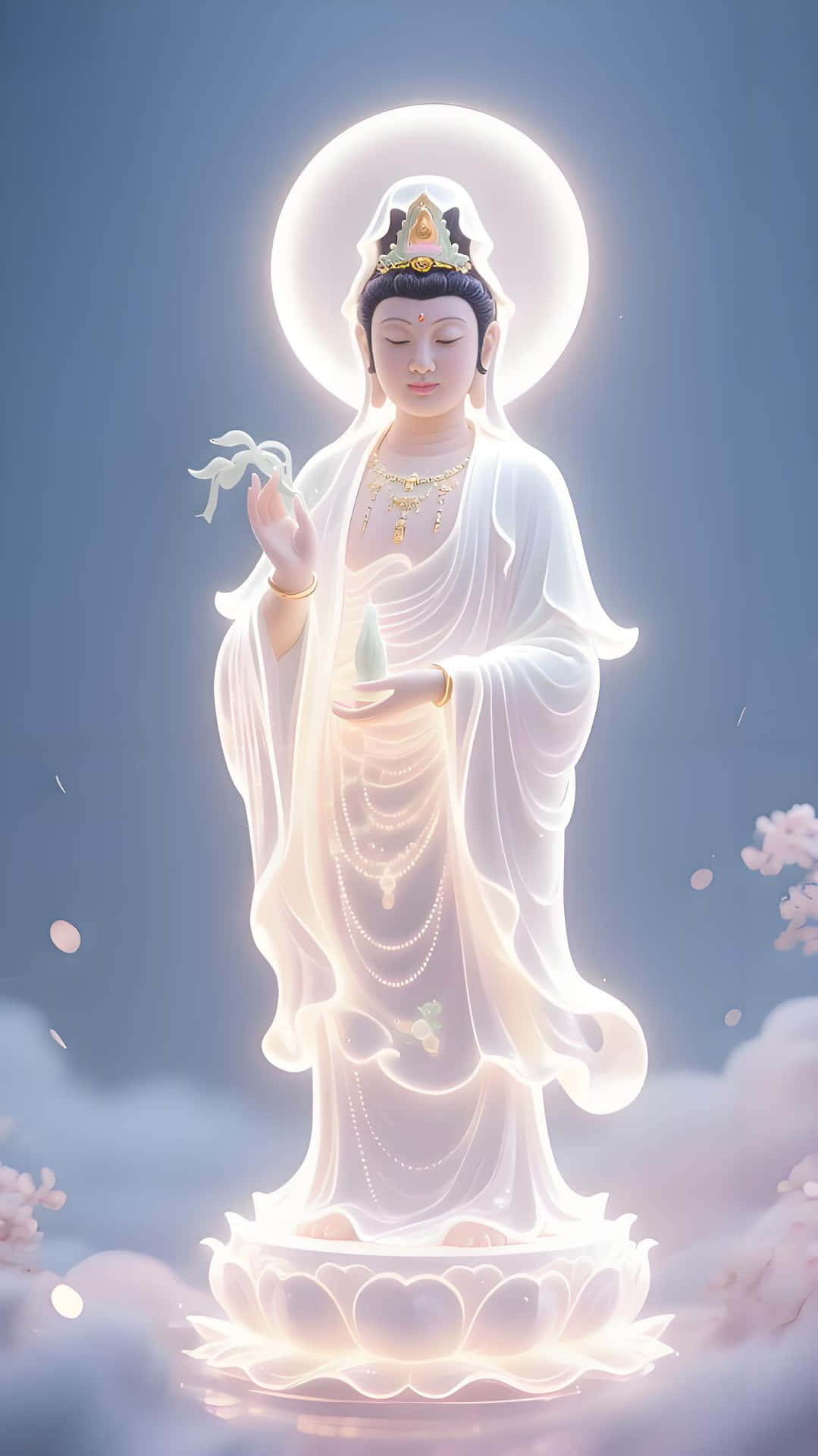 Serene Guanyin Statue Spiritual Wallpaper 壁紙 — 一位身穿白袍、閉著眼睛的寧靜菩薩，站在發光的蓮花座上，柔和的光暈映襯著霧氣瀰漫的藍天，櫻花飄浮在空中。