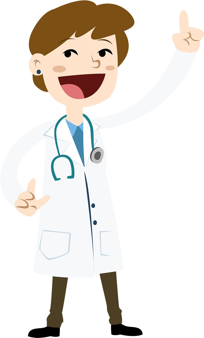 Physician 桌布 壁紙 — 一位身穿白袍和聽診器的開心卡通醫生，露出燦爛笑容並向上指。