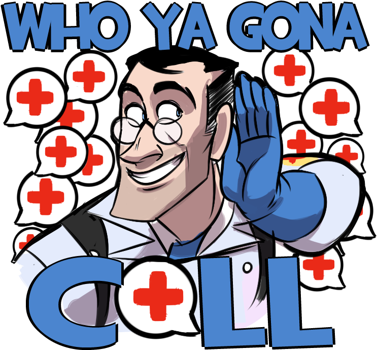 Tf2 桌布 壁紙 — 一位身穿白袍和藍色手套的卡通醫生微笑著，把手放在耳邊，周圍是帶有紅色十字的對話氣泡。