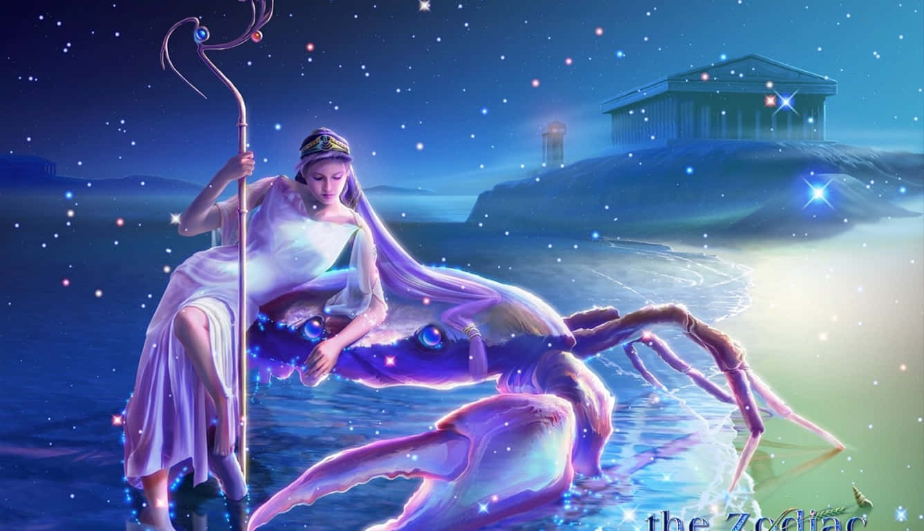Cancer Zodiac Sign 桌布 壁紙 — 一位身穿白袍的天界女神坐在發光的紫色螃蟹上，背景是星空下的寺廟。