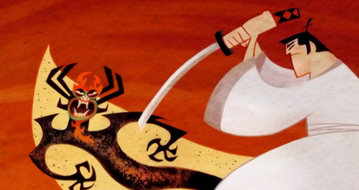 Cartoon 桌布 壁紙 — 一位身穿白袍的武士用武士刀斬殺一隻惡魔蜘蛛生物，背景是火熱的橙色。