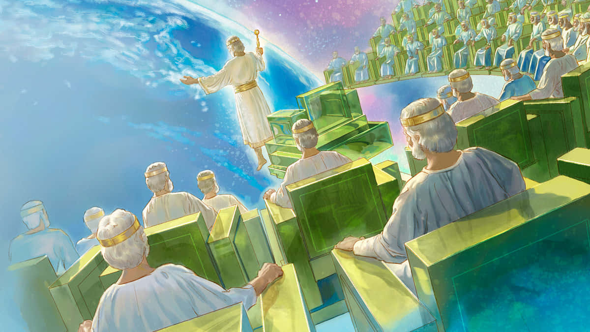 Beautiful Heaven 桌布 壁紙 — 一位身穿白袍的神聖人物漂浮在一個充滿戴著白色和金色頭帶的坐著長者的天上法庭之上。