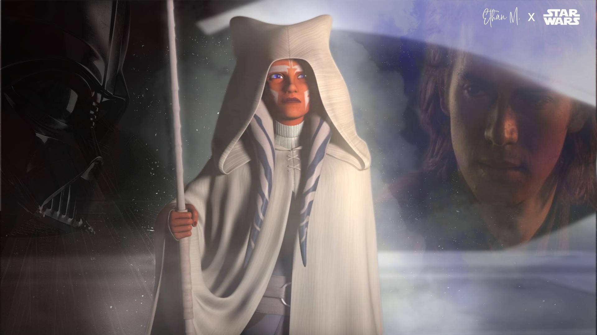 Ahsoka Tano 桌布 壁紙 — 一位身穿白袍的絕地武士手持長杖，背景是宇宙，達斯維達和一個模糊的臉孔在陰影中若隱若現。