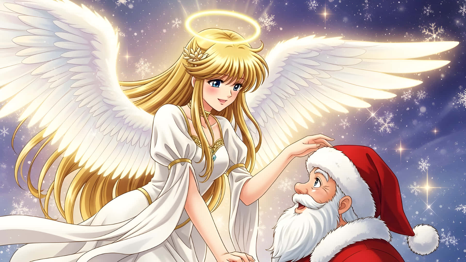 Anime Angel and Santa Claus Winter Wonderland 壁紙 — 一位身穿白袍的金翼天使，在閃爍的雪夜天空中輕輕觸碰聖誕老人的頭。
