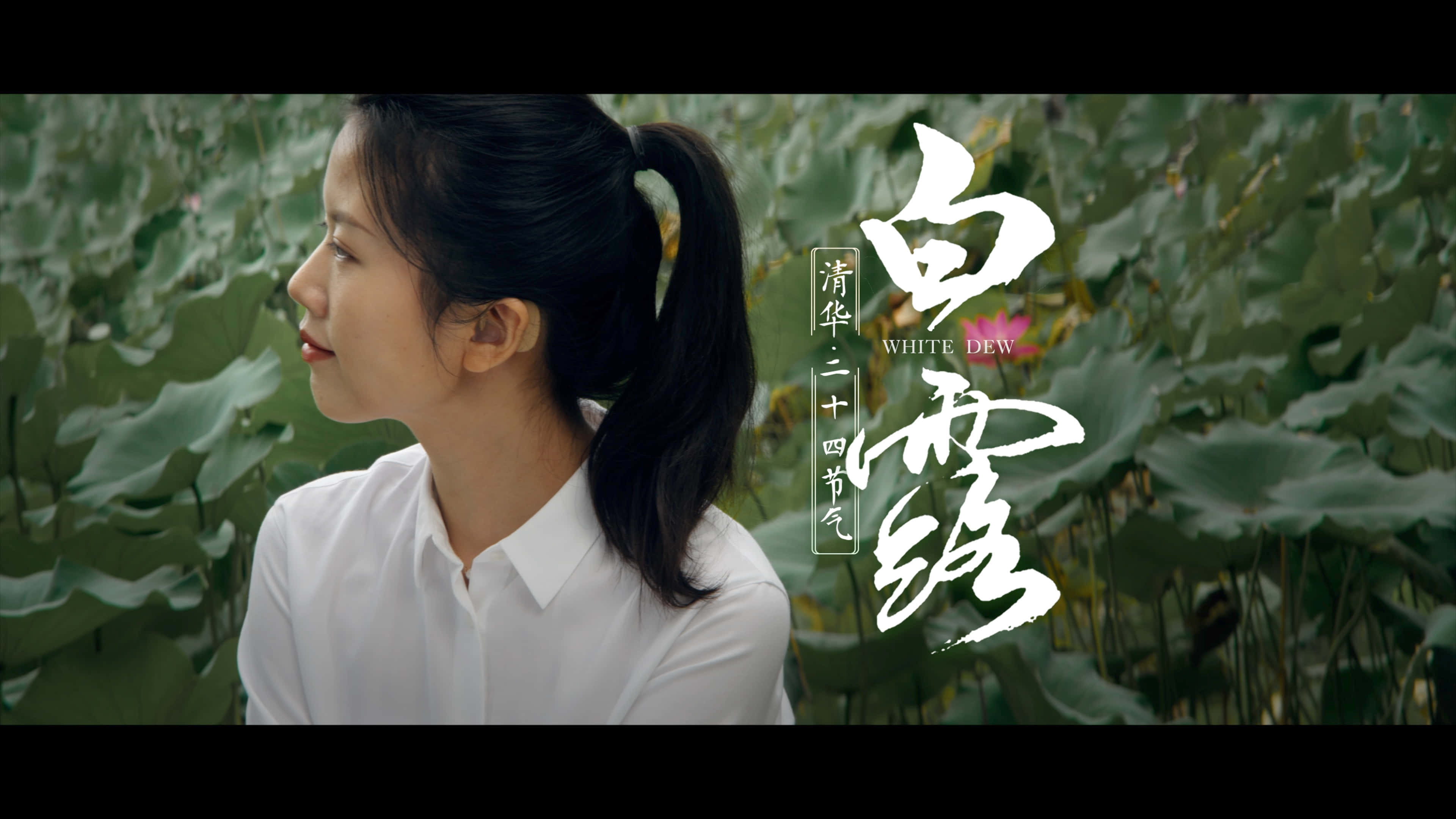 3840x2160 動態圖片 桌布 壁紙 — 一位身穿白襯衫的年輕女性在茂盛的綠色荷葉中，搭配優雅的書法疊加，寧靜地凝視。