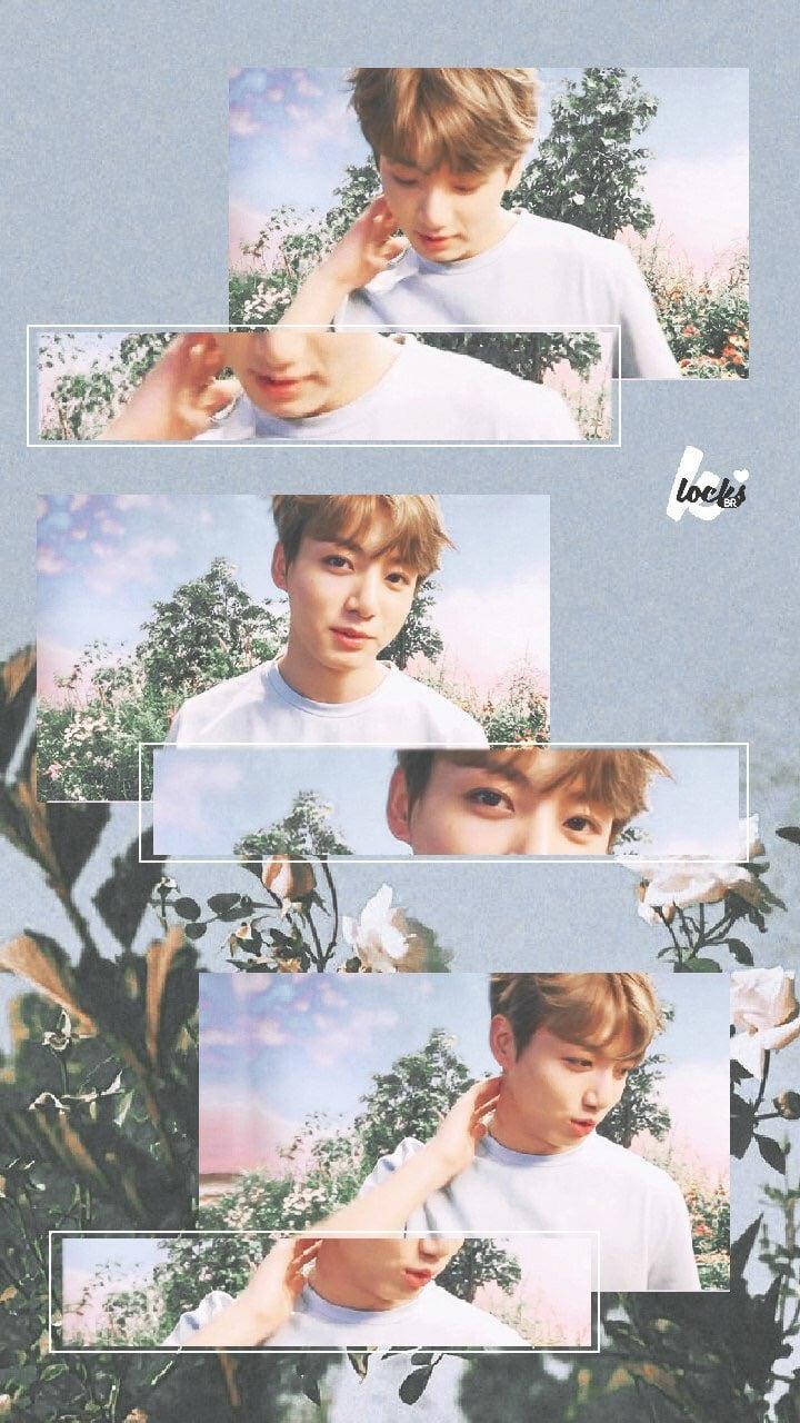 Jungkook Aesthetic 桌布 壁紙 — 一位身穿白襯衫的年輕男子在柔和粉紅與綠色花卉背景中擺姿勢的拼貼畫，帶有夢幻燈光。