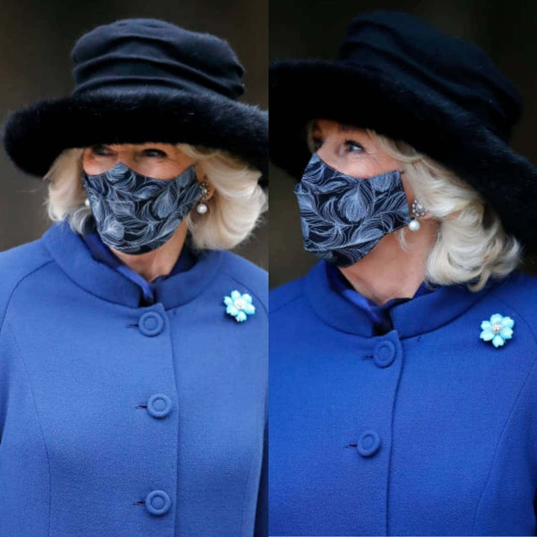 Celebrity 桌布 壁紙 — 一位身穿皇家藍色外套和黑色皮草帽子的女士，戴著圖案口罩和珍珠耳環。