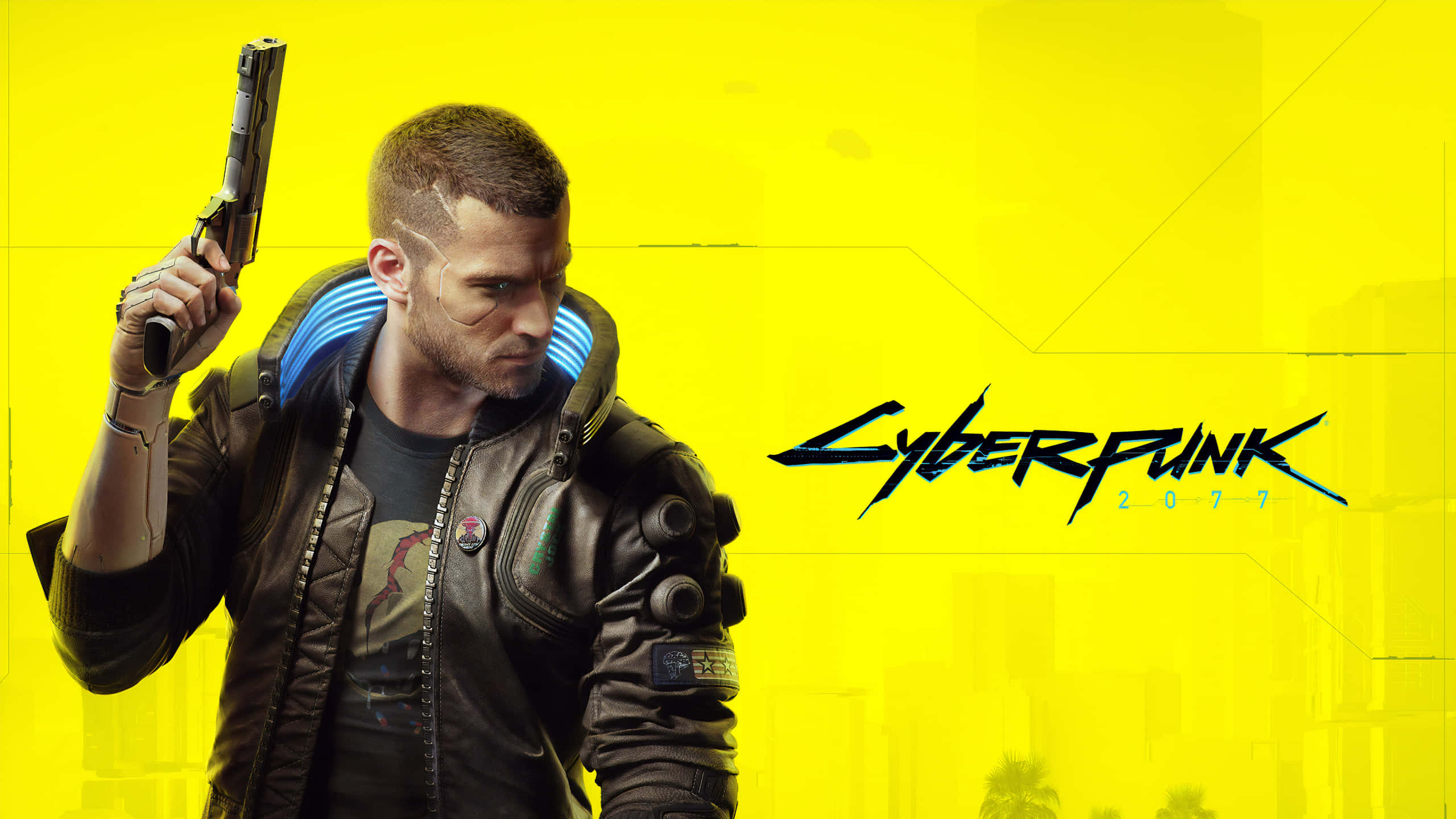 遊戲 桌布 壁紙 — 一位身穿皮夾克的 cyberpunk 主角，在鮮黃色背景前手持手槍，並帶有遊戲標題。