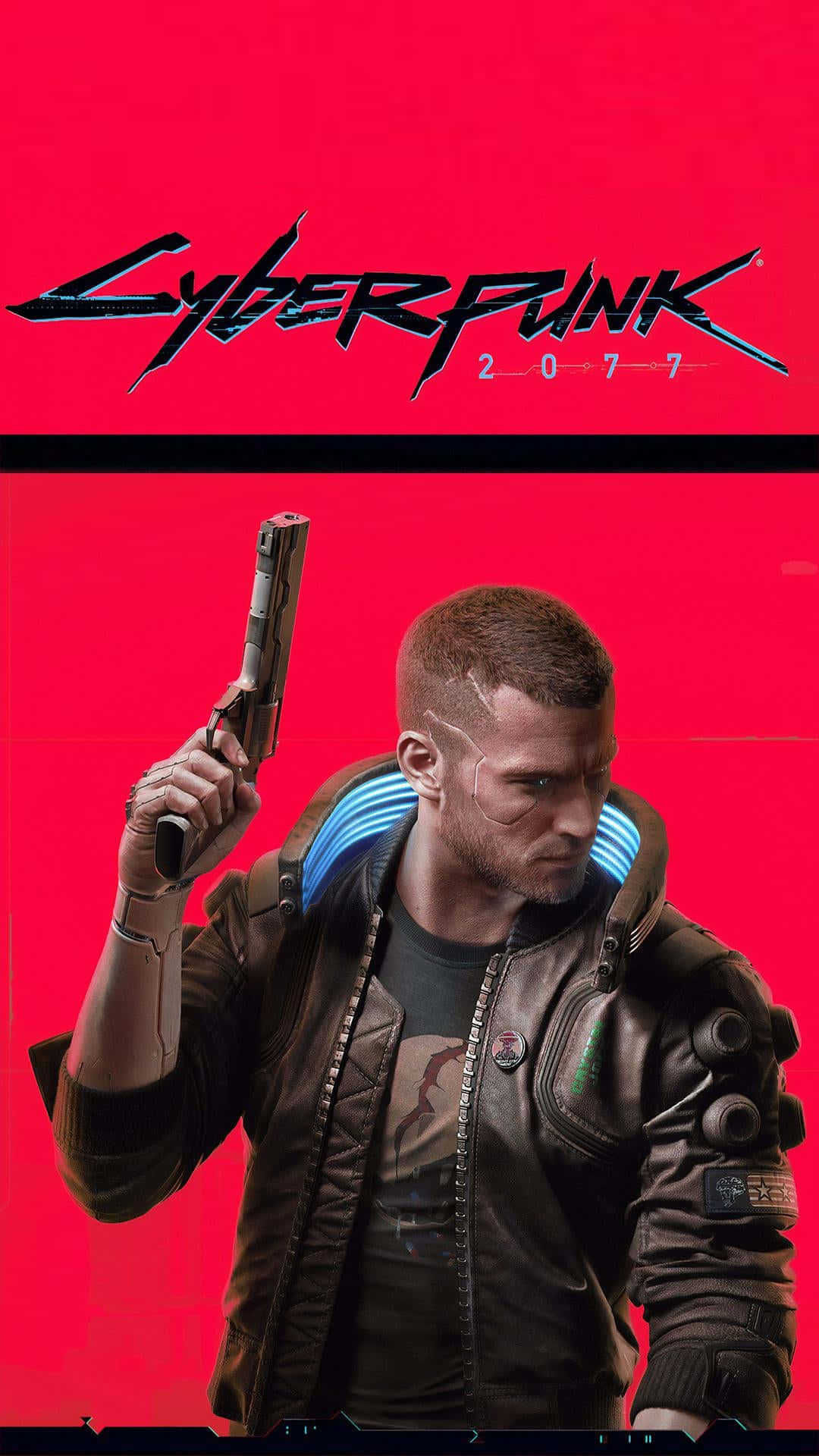 Pixel 3 Cyberpunk 2077 桌布 壁紙 — 一位身穿皮夾克的賽博龐克主角，在鮮紅色背景和發光藍色點綴下手持手槍。
