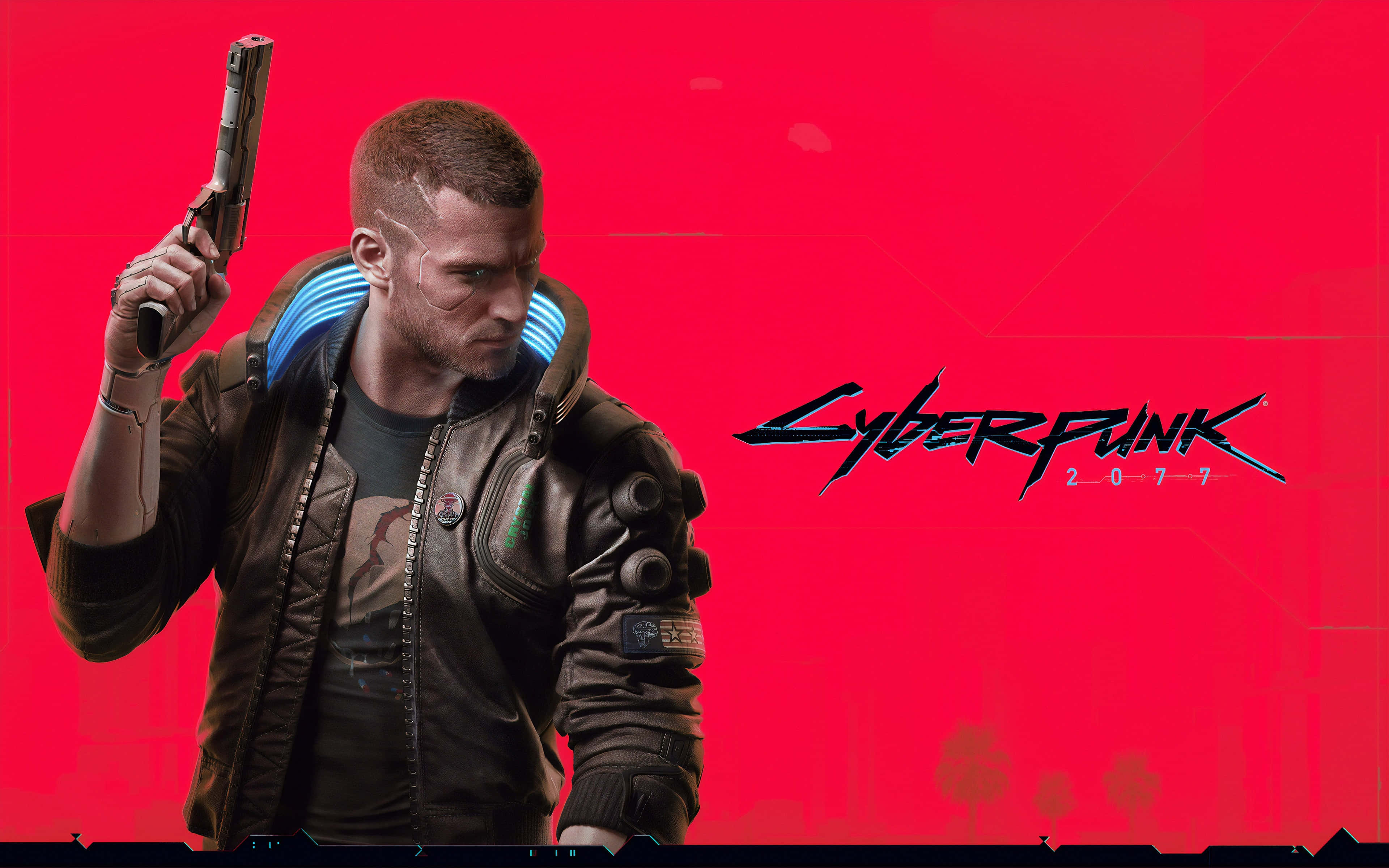 Cyberpunk 2077 Characters 桌布 壁紙 — 一位身穿皮夾克的賽博龐克主角，在鮮紅色背景和發光藍色點綴下手持手槍。