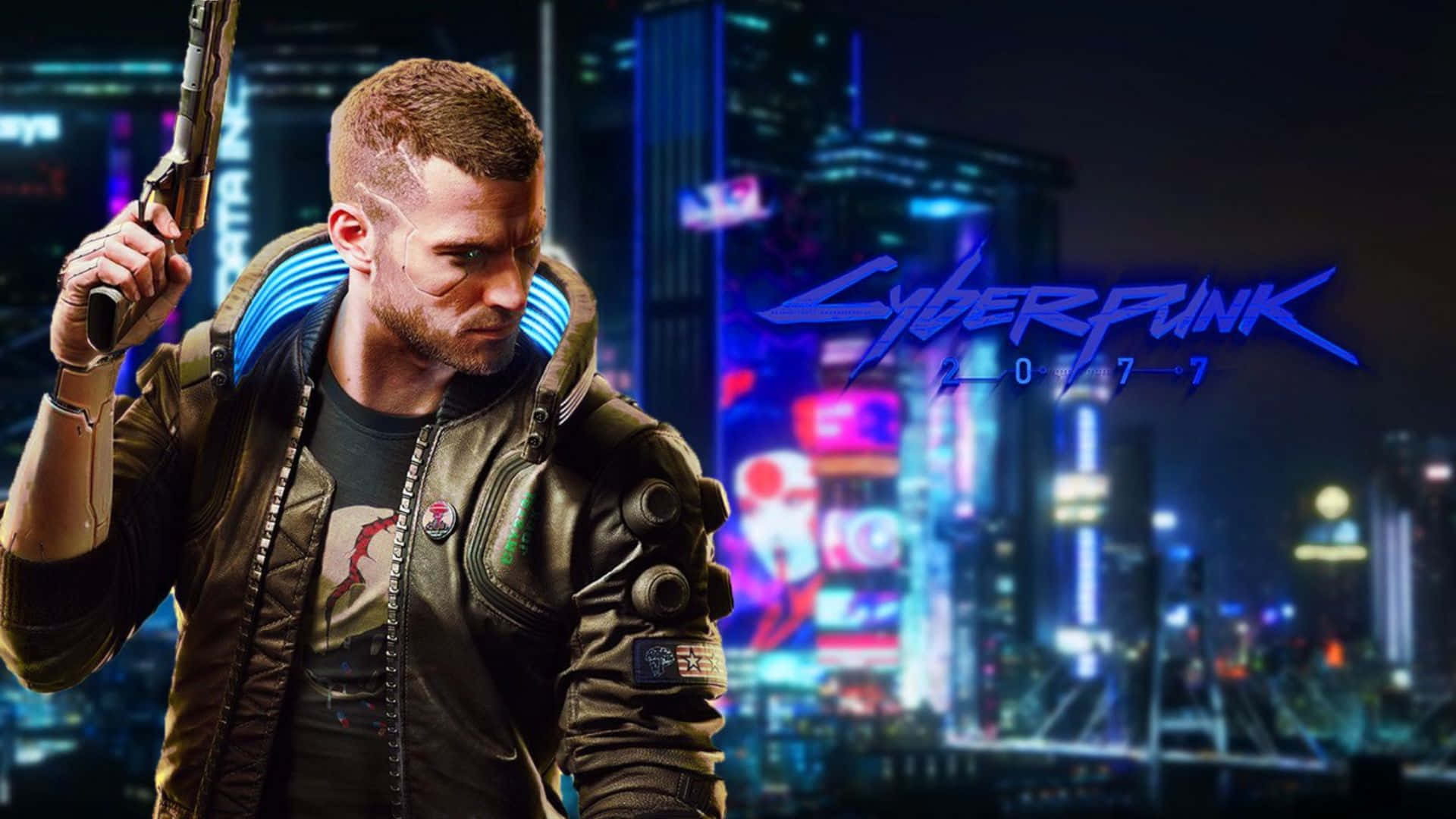 Cyberpunk 2077 Characters 桌布 壁紙 — 一位身穿皮夾克的賽博龐克主角在夜晚霓虹燈閃爍的未來城市天際線前舉起槍。