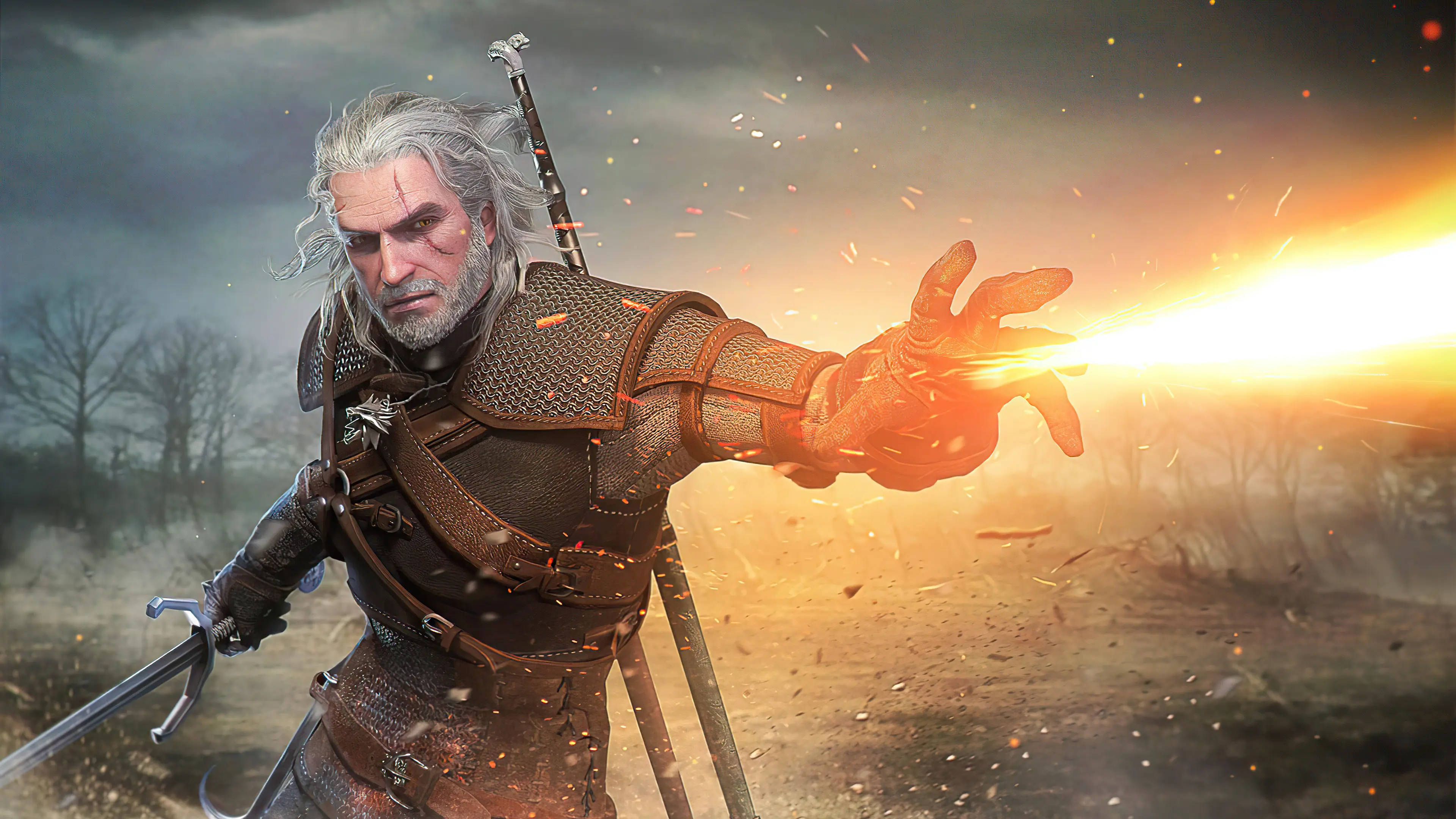 witcher 4K 桌布 壁紙 — 一位身穿皮甲、白髮蒼蒼的戰士在暴風雨黃昏背景下從手中釋放出火焰爆炸。
