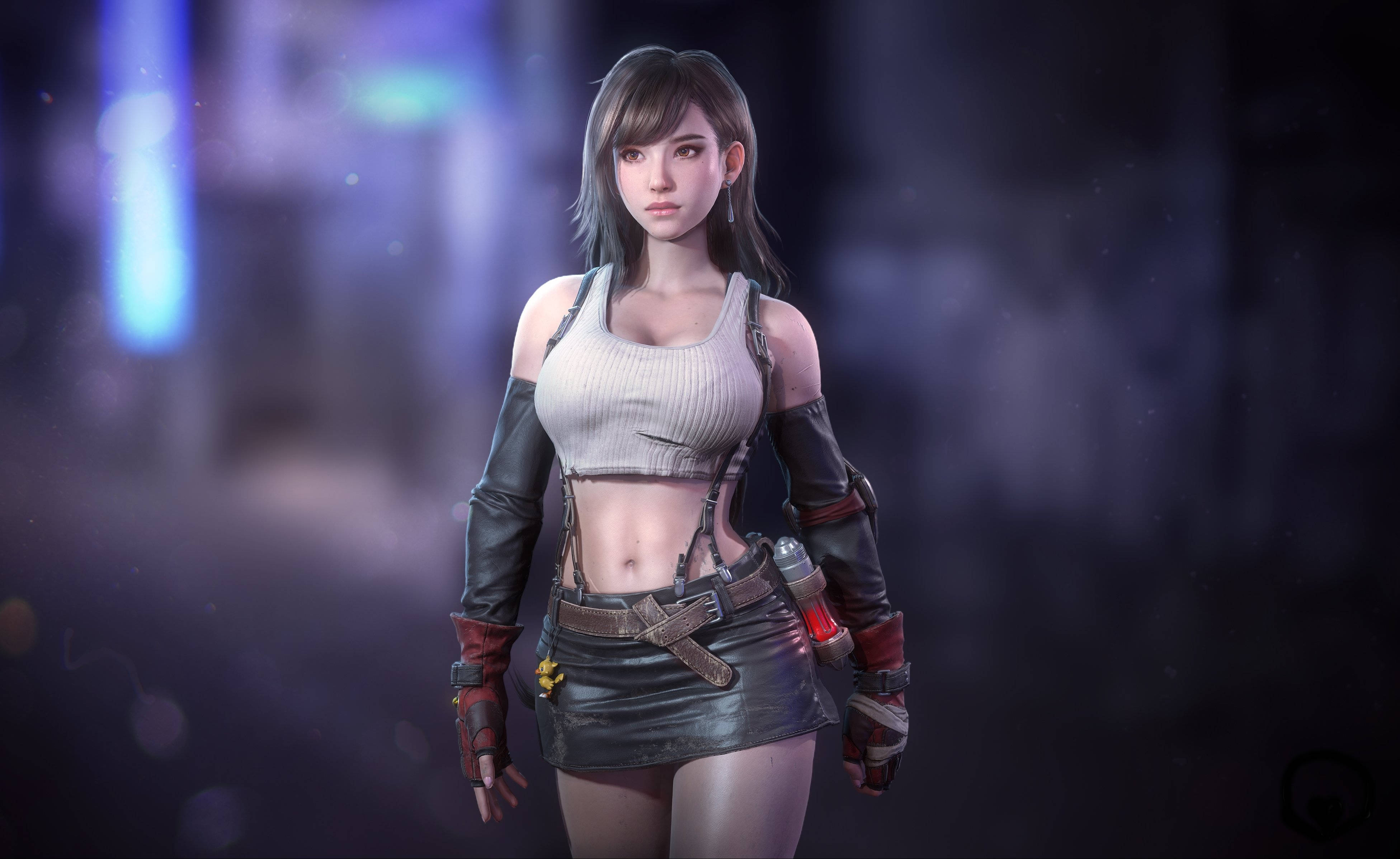 Ff7 桌布 壁紙 — 一位身穿皮革裝備的女戰士在夜晚發光的霓虹城市背景下擺好姿勢。