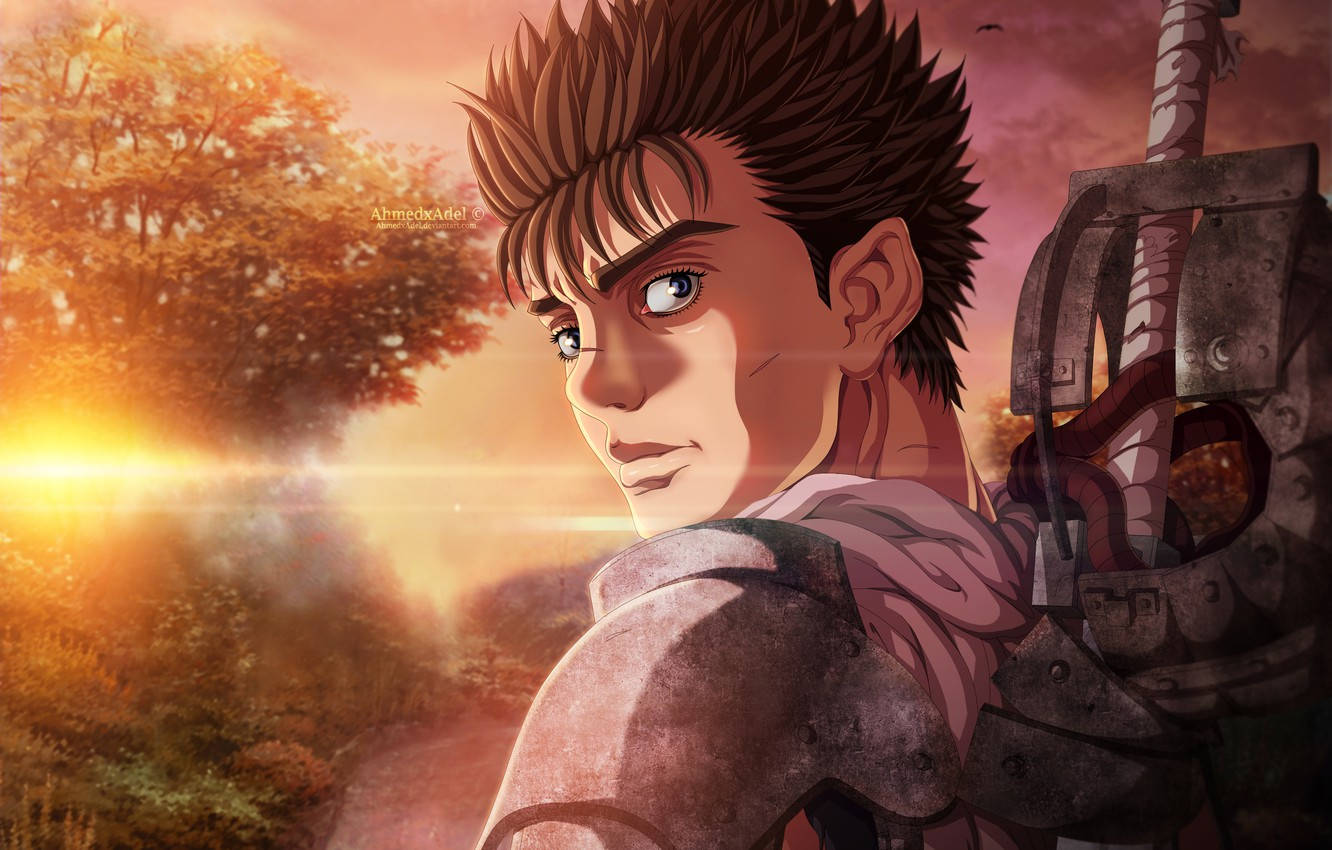 Berserk Guts 桌布 壁紙 — 一位身穿盔甲、意志堅定的動漫戰士，在秋樹映襯的夕陽餘暉中凝視前方。