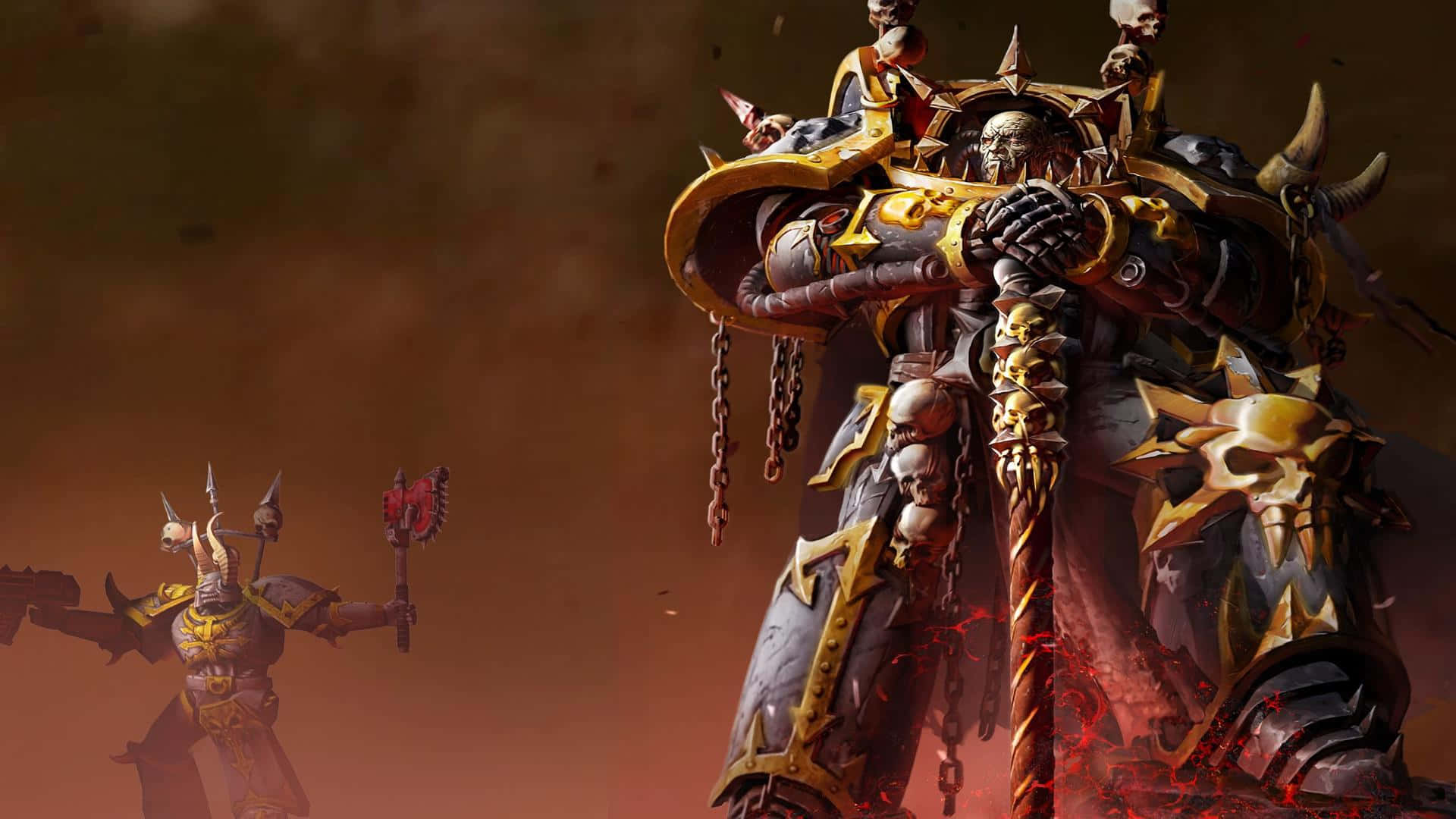 電玩遊戲 桌布 壁紙 — 一位身穿盔甲、掛著骷髏和鎖鏈的高大 warlord，在熾熱背景下揮舞著火焰武器。