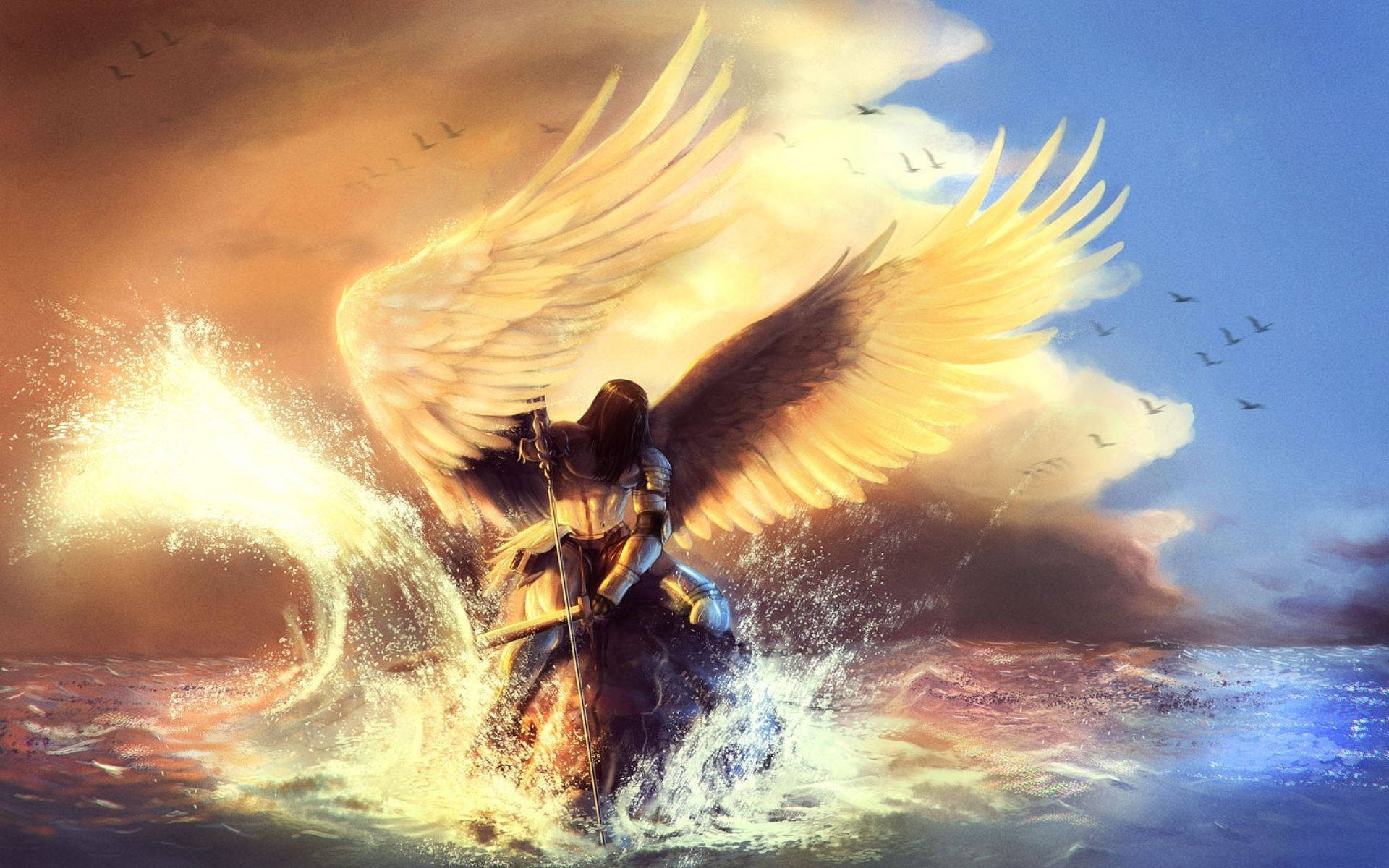 angels 桌布 壁紙 — 一位身穿盔甲、長有翅膀的戰士騎馬穿過波濤洶湧的水域，金色的光芒從下方的海浪中迸發而出。