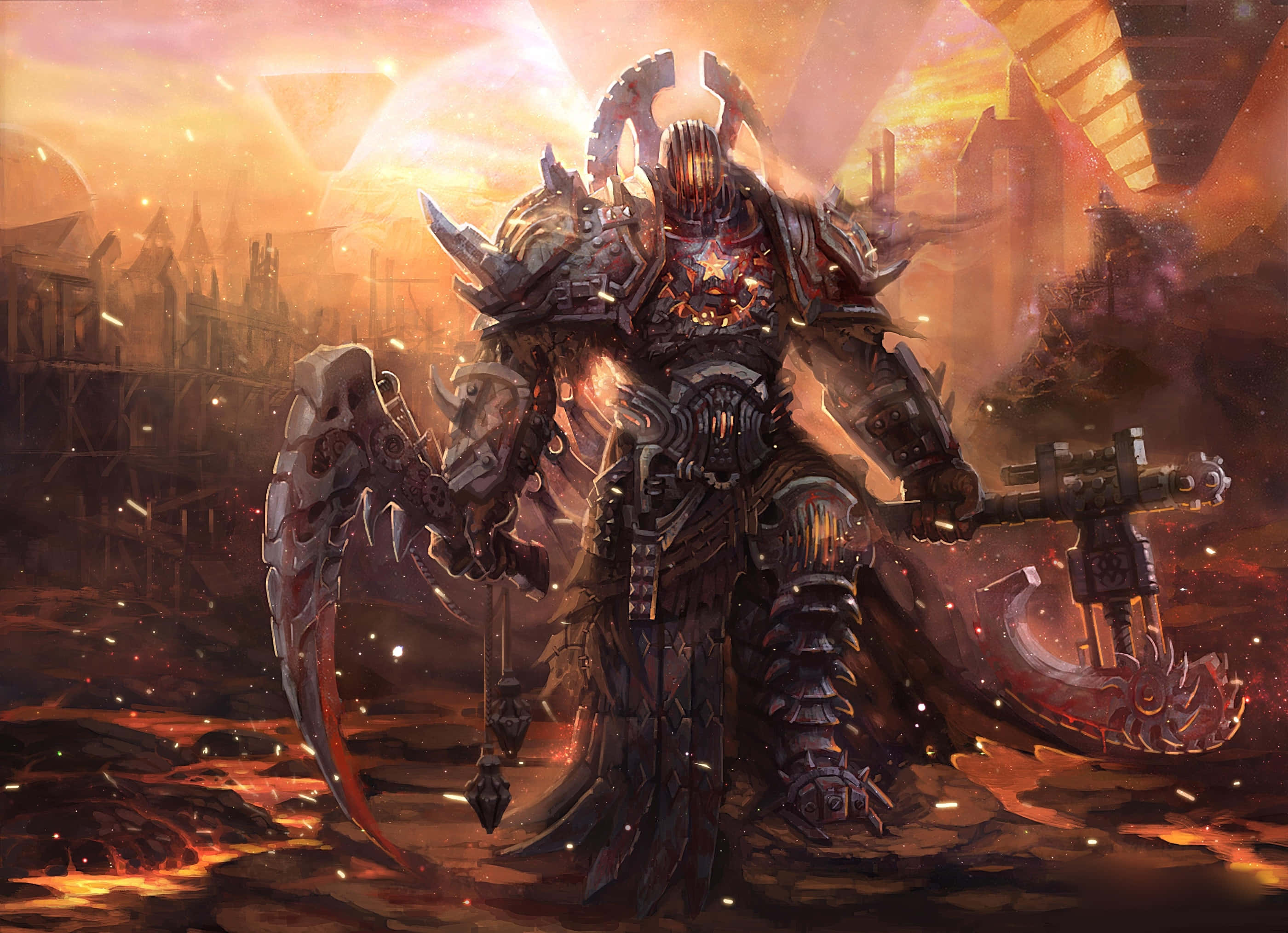 Warrior 桌布 壁紙 — 一位身穿盔甲、雙眼發紅光、手持巨大武器的戰士，在熾熱的末日戰場上，在燦爛的夕陽下傲然挺立。