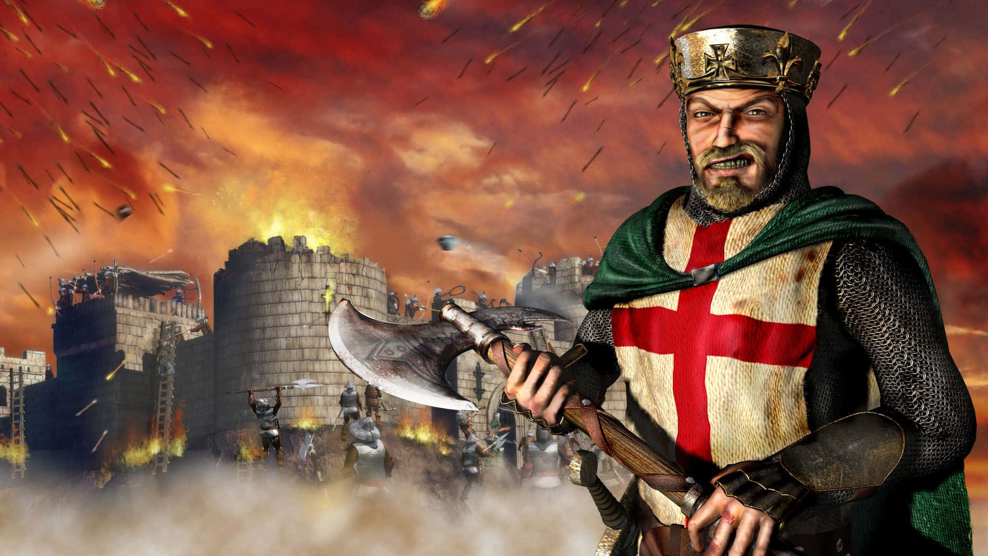 Crusader 桌布 壁紙 — 一位身穿盔甲的兇猛中世紀騎士，在熾熱的天空下揮舞戰斧，對抗燃燒的城堡。