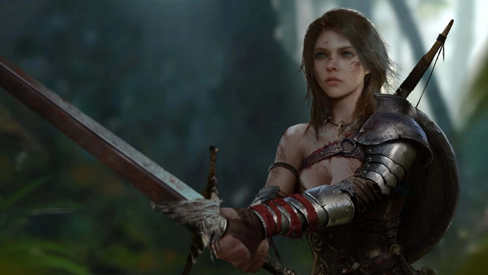 Warrior 桌布 壁紙 — 一位身穿盔甲的兇猛女戰士在迷霧森林中緊握劍和盾牌，臉上佈滿戰鬥傷痕。