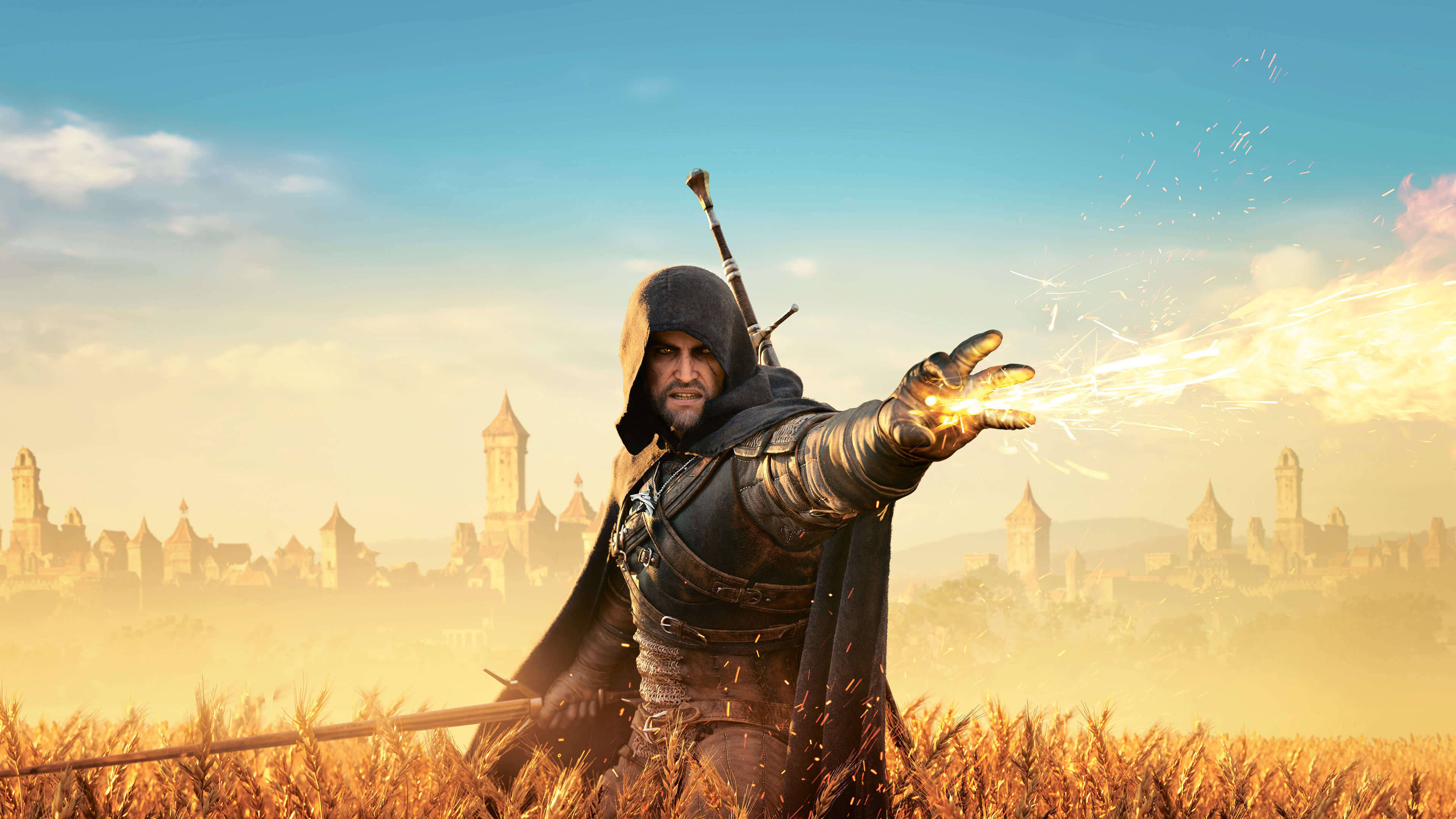 witcher 4K 桌布 壁紙 — 一位身穿盔甲的兜帽戰士站在金色麥田裡，在日落時分向遠處的中世紀城市發射魔法火花。