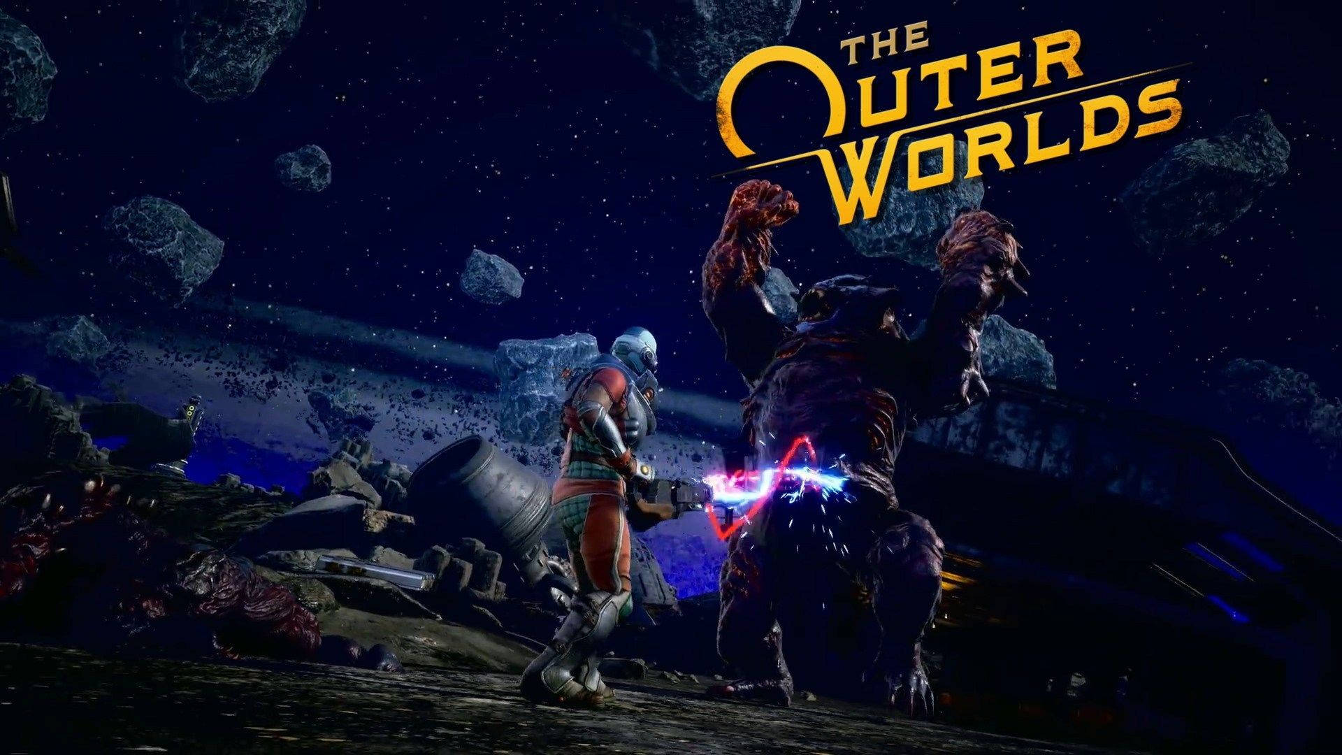 The Outer Worlds 桌布 壁紙 — 一位身穿盔甲的太空探險家在繁星點點的天空下，在漂浮的小行星中向一隻怪異的外星生物發射發光的武器。