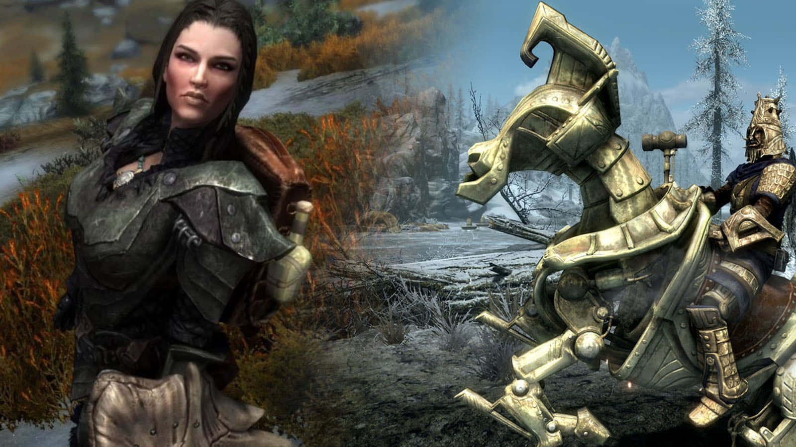 Skyrim Lydia 桌布 壁紙 — 一位身穿盔甲的女戰士，在冰冷的秋日荒野中，挑釁地站在一位騎著機械馬的騎士旁邊。