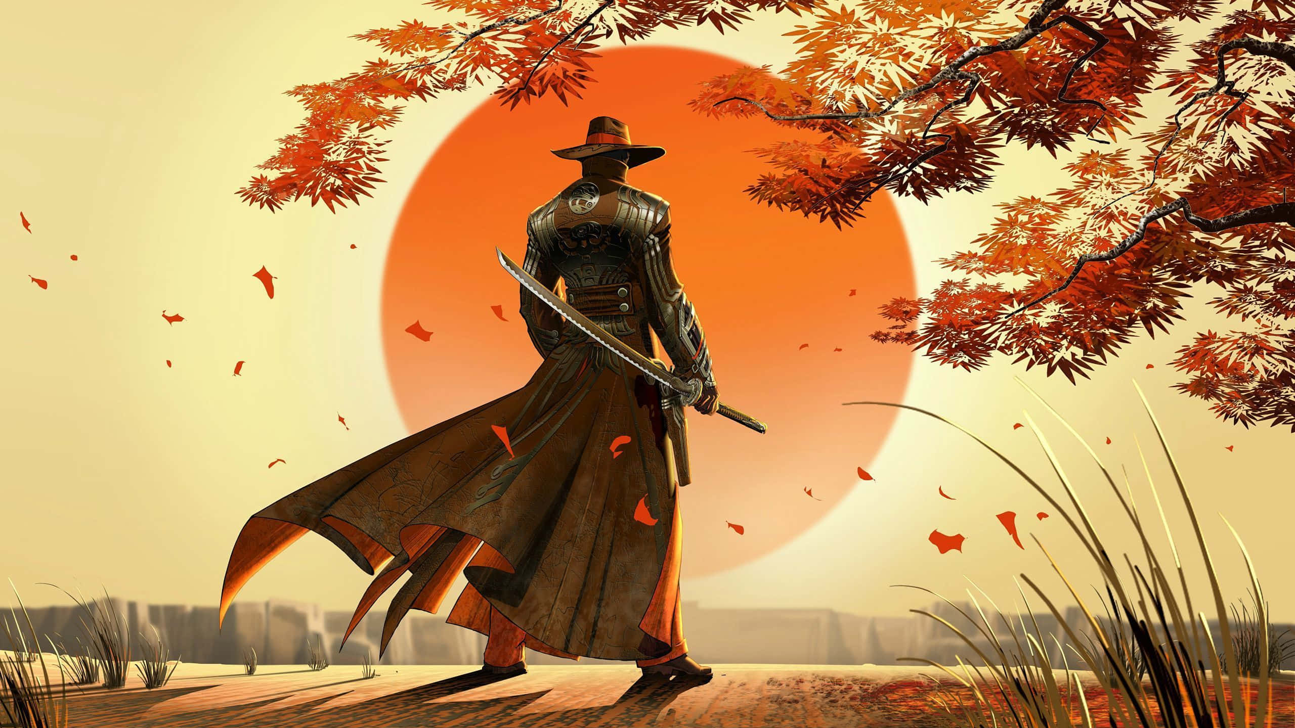 武士動畫 桌布 壁紙 — 一位身穿盔甲的武士站在秋葉下，背景是巨大的橙色太陽。
