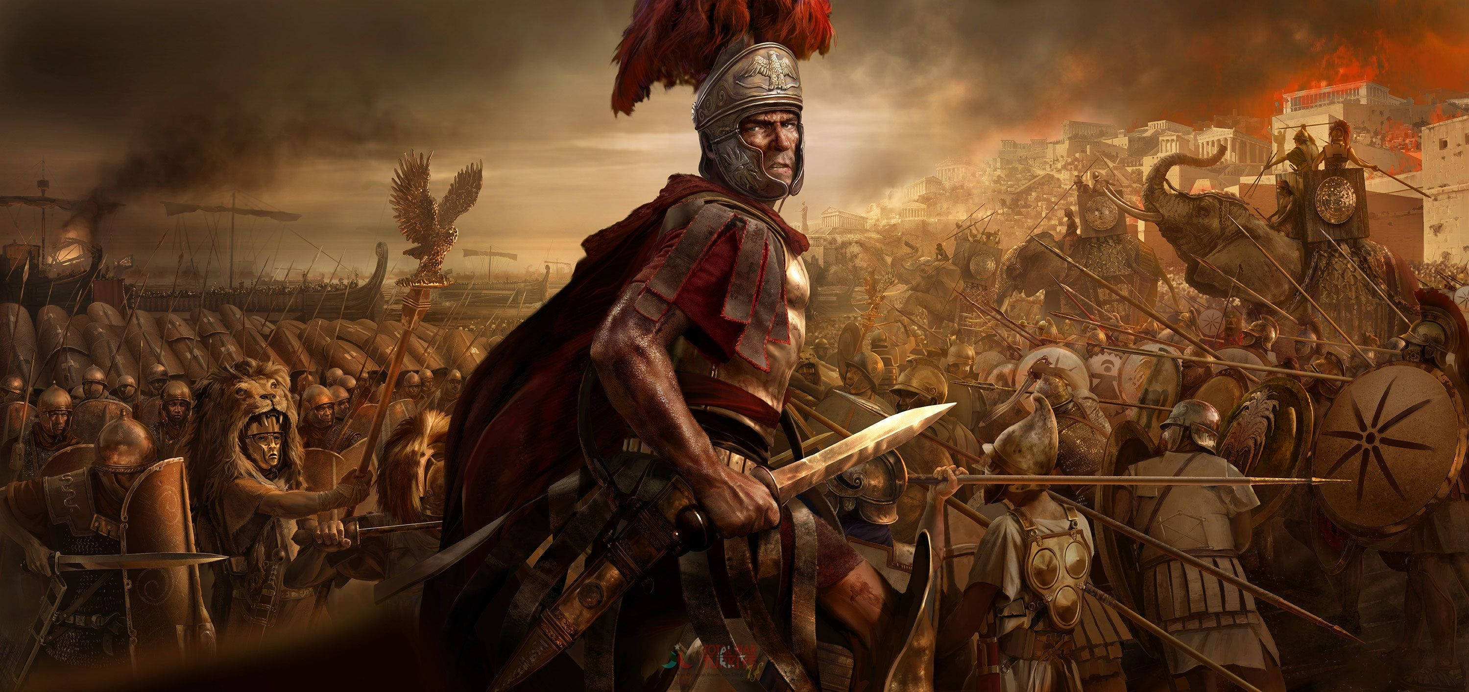 Total War 桌布 壁紙 — 一位身穿盔甲的羅馬將軍率領他的軍團投入戰鬥，背景中火焰吞噬了一座城市。