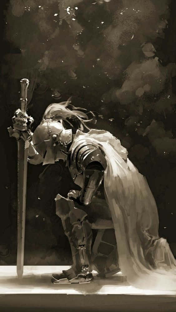 Crusader 桌布 壁紙 — 一位身穿盔甲的騎士莊嚴地跪著，手持劍，樹葉在單色、如畫的場景中旋轉。