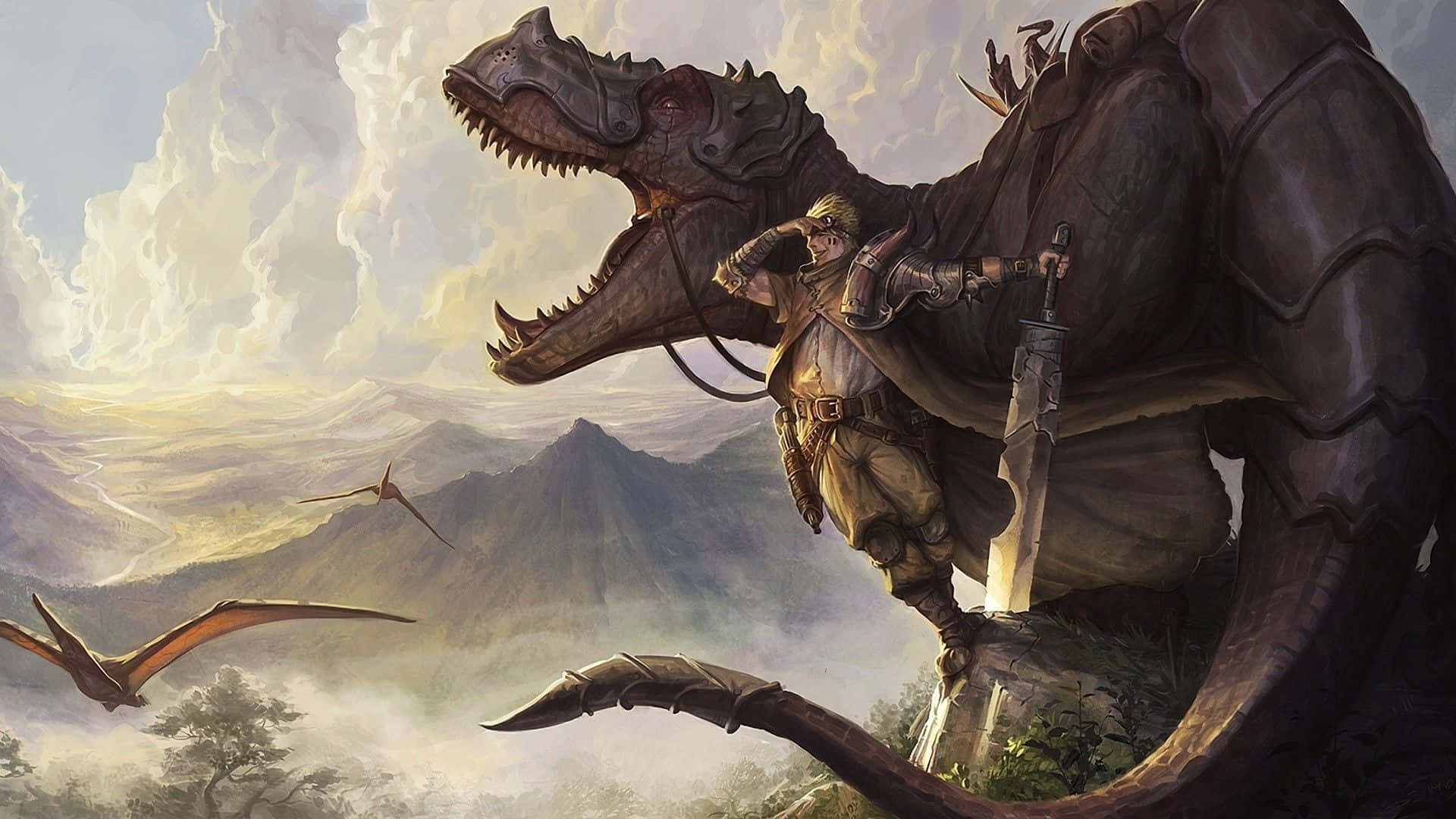 Cool Dinosaur 桌布 壁紙 — 一位身穿盔甲的騎士騎著一條巨大的龍，在霧氣繚繞的山巒上空翱翔，下方有翼龍飛過。