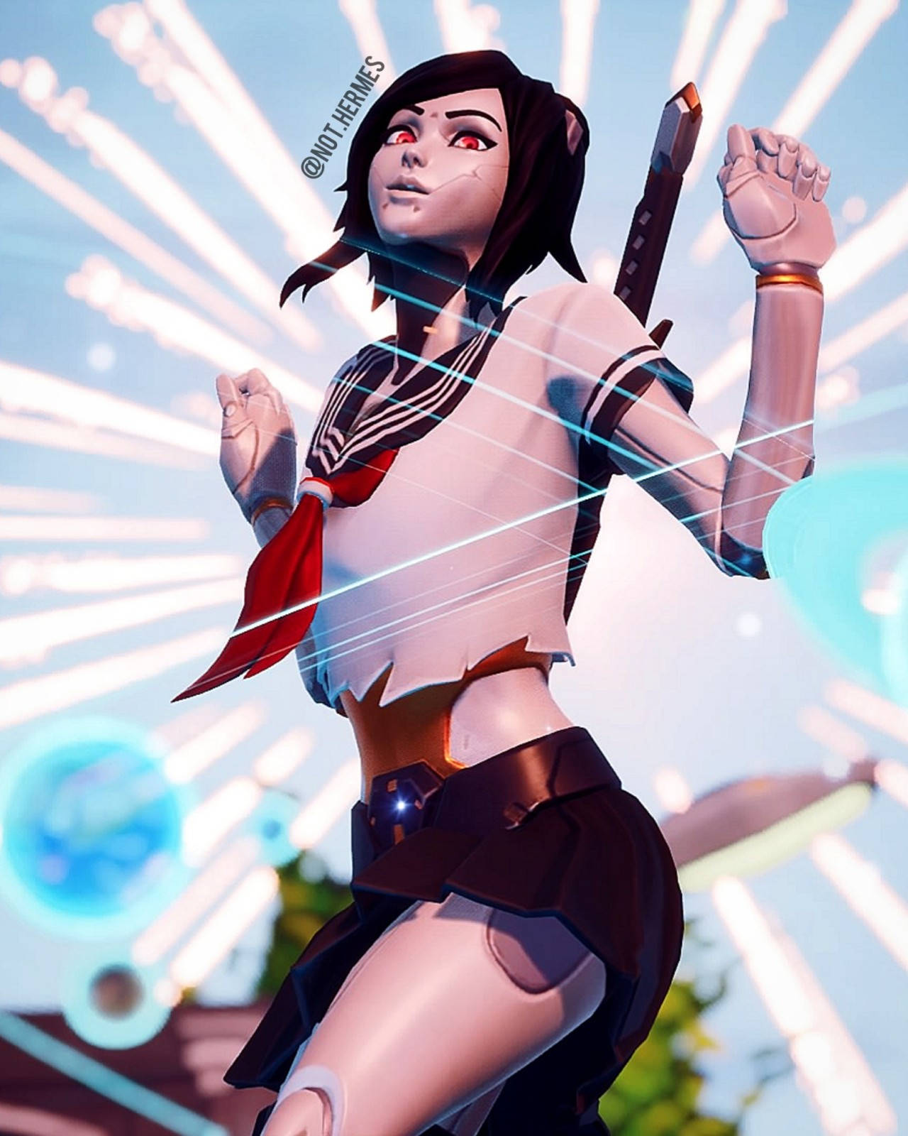 tsuki fortnite 桌布 壁紙 — 一位身穿破爛校服的賽博龐克動漫女孩，在燦爛的藍天下揮舞著發光的能量劍。
