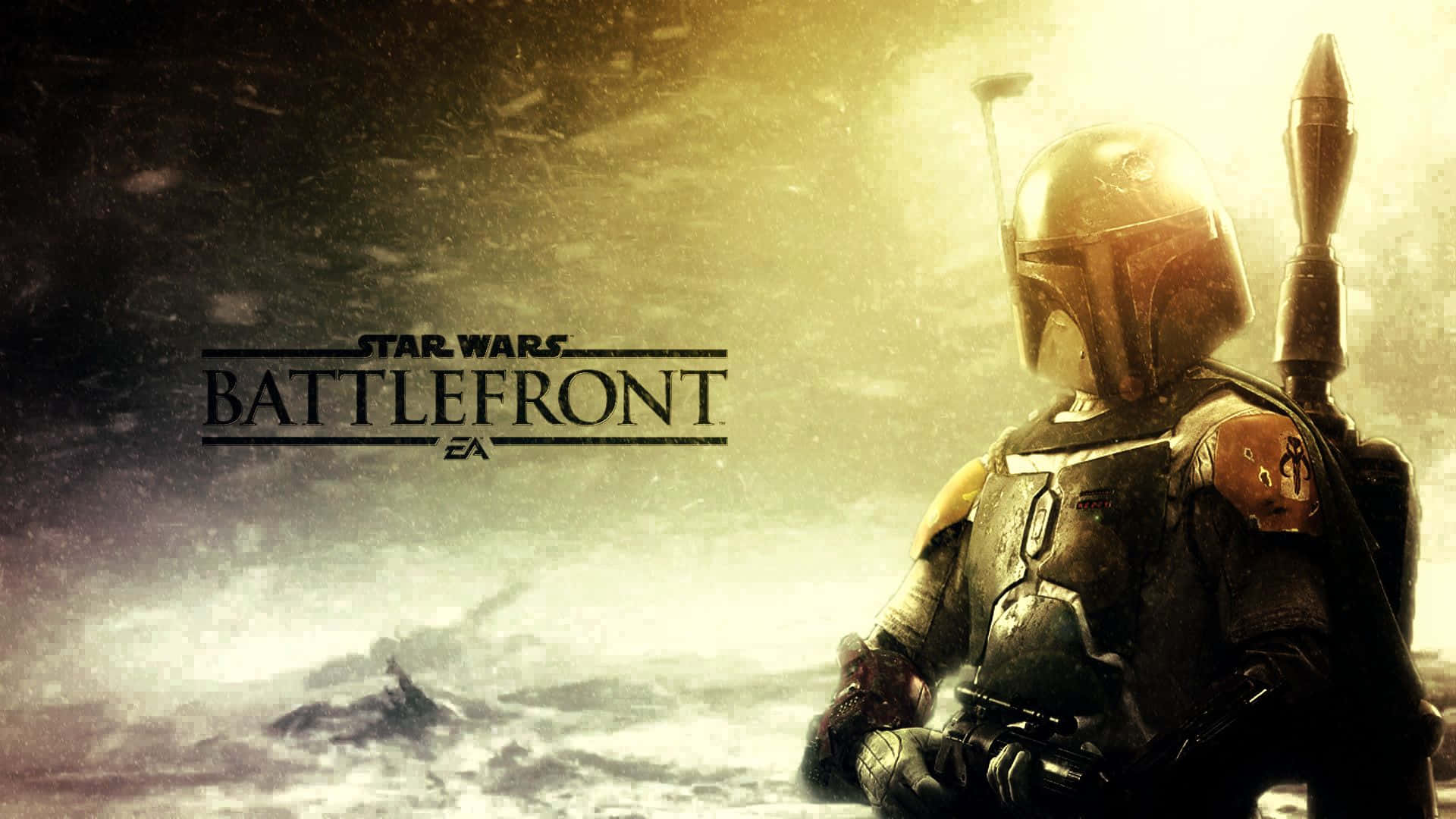 Jango Fett 桌布 壁紙 — 一位身穿破舊盔甲的曼達洛戰士，在金色天空下，以暴風雨戰場為背景，呈現剪影。
