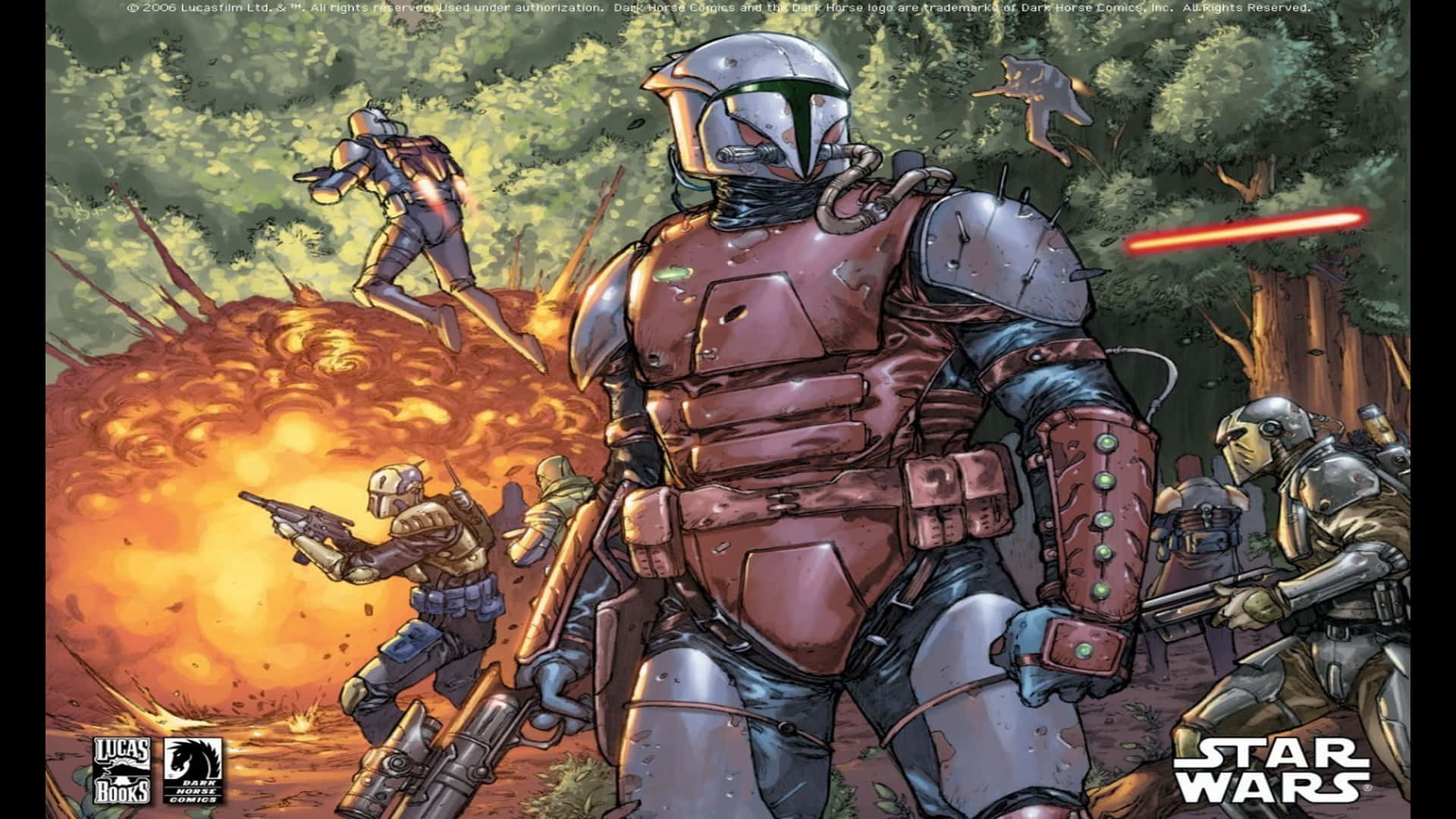 The War Of The Bounty Hunters 桌布 壁紙 — 一位身穿破舊盔甲的曼達洛戰士在森林中挑釁地站立，周圍爆炸和爆能槍火四起。