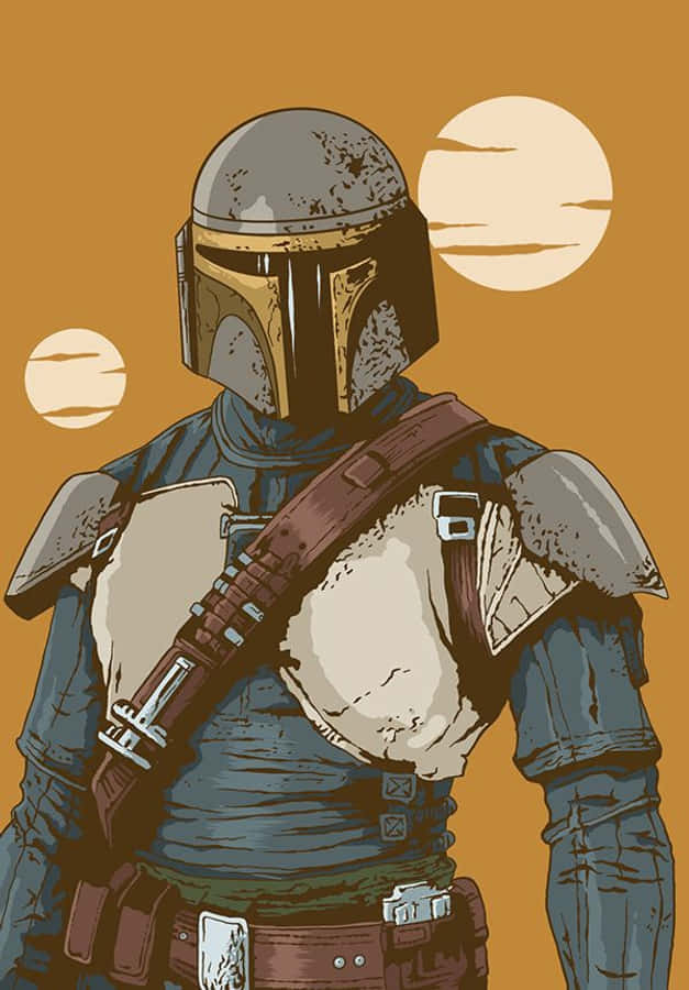 Mandalorian Pc 桌布 壁紙 — 一位身穿破舊盔甲的曼達洛戰士站在沙漠背景下，兩顆太陽在橙色天空中閃耀。