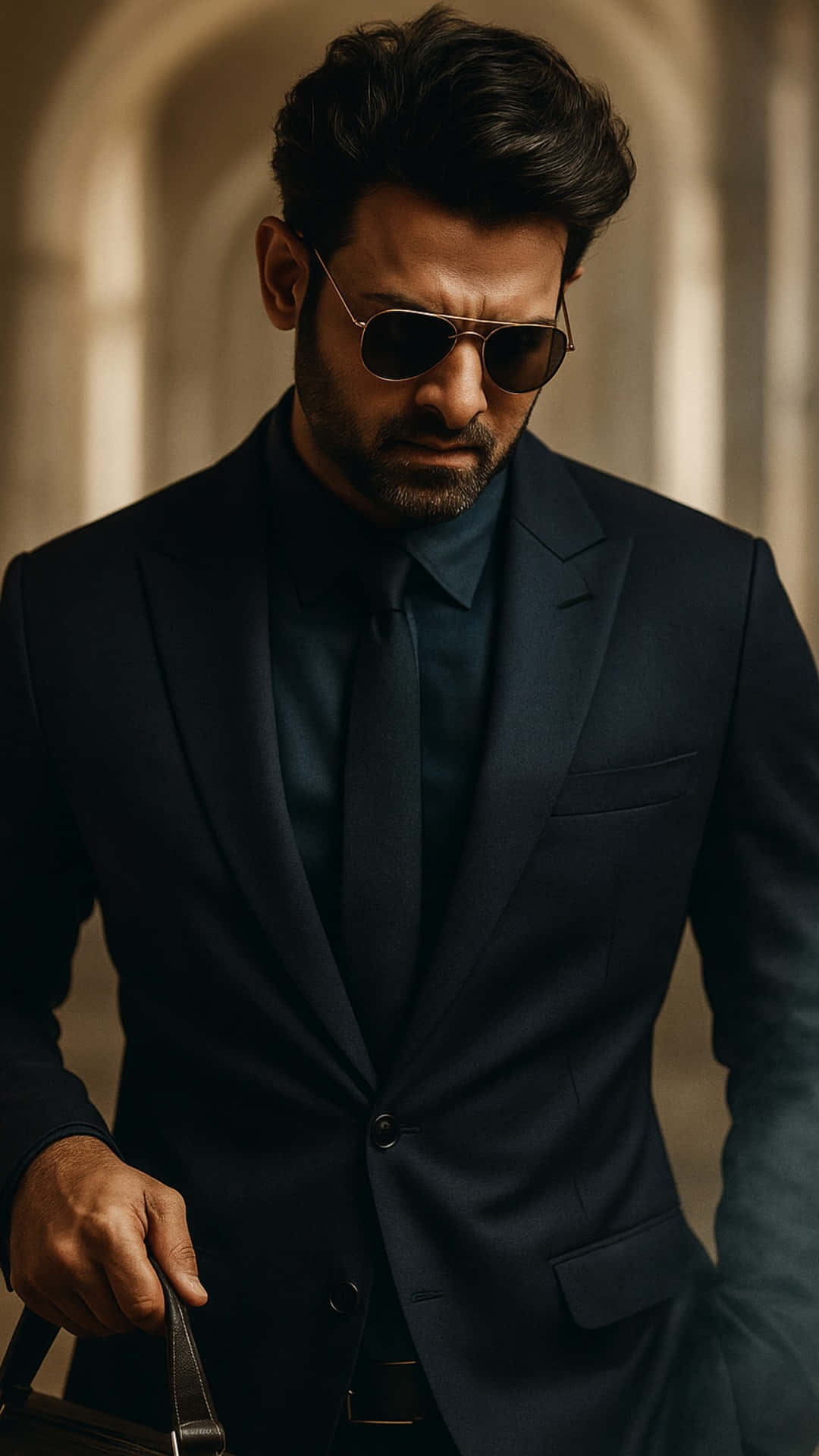 Actor prabhas images 壁紙 — 一位身穿筆挺海軍藍西裝、戴著太陽眼鏡的男士，在溫暖的拱形燈光下拿著一個公事包。